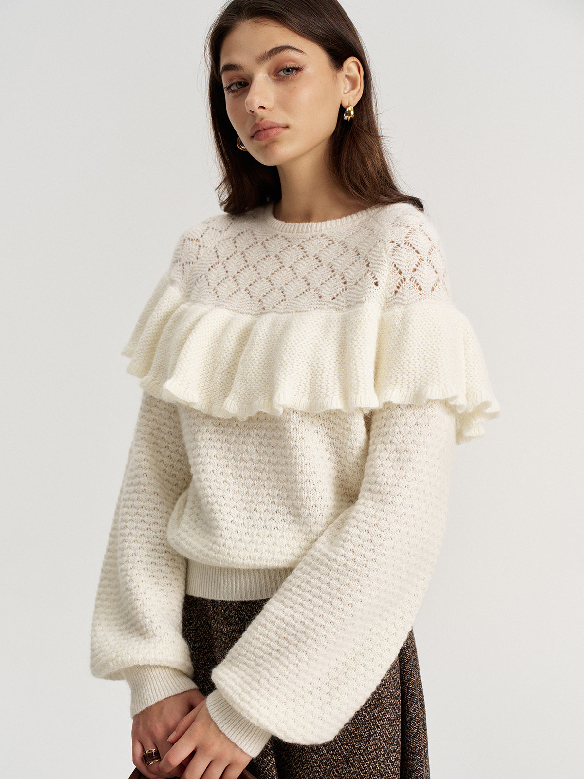 Mohair & Wool Blend Ruffle Pointelle Knit Top