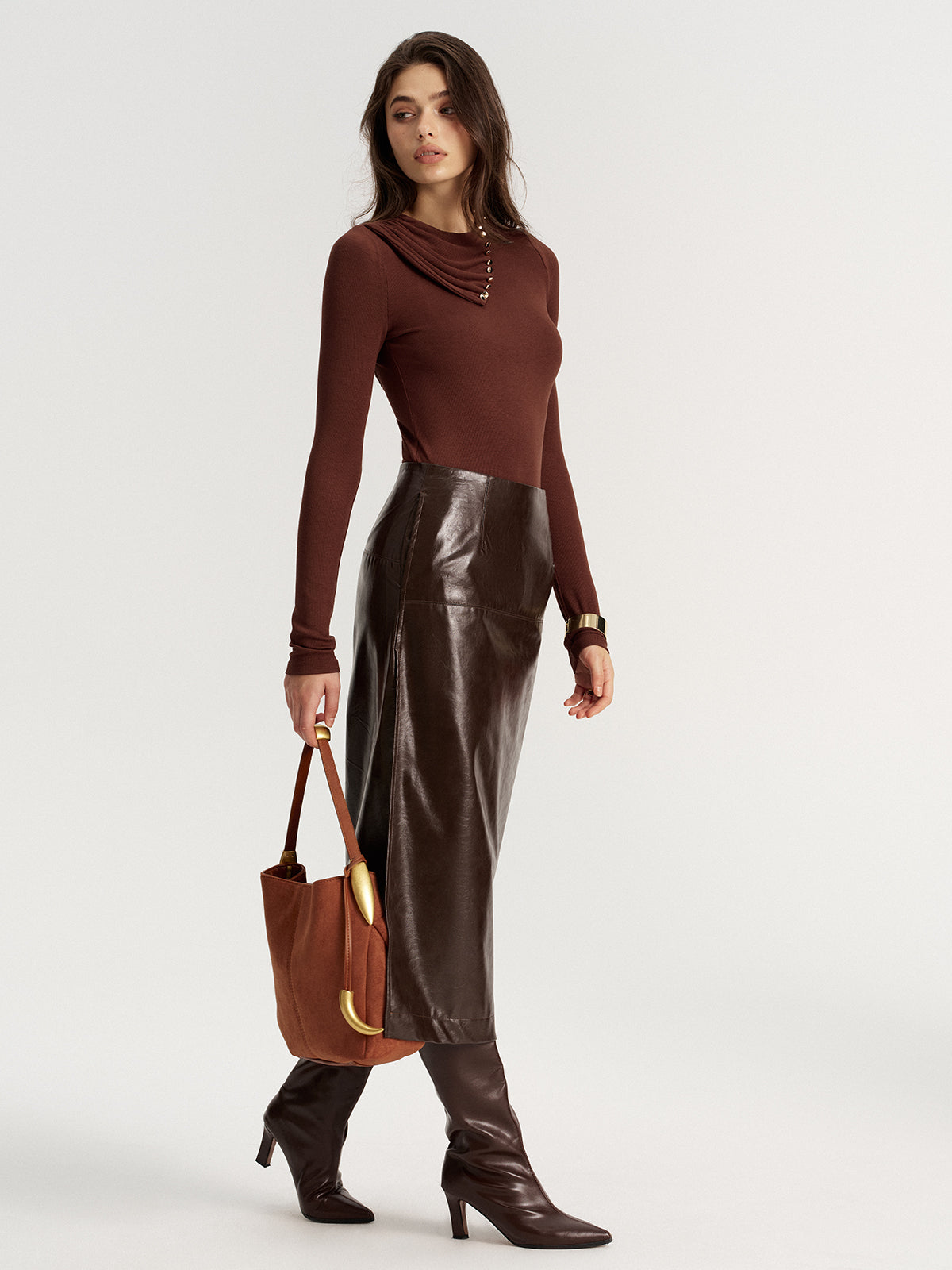 Drape Collar Backless Ribbed Knit Top
