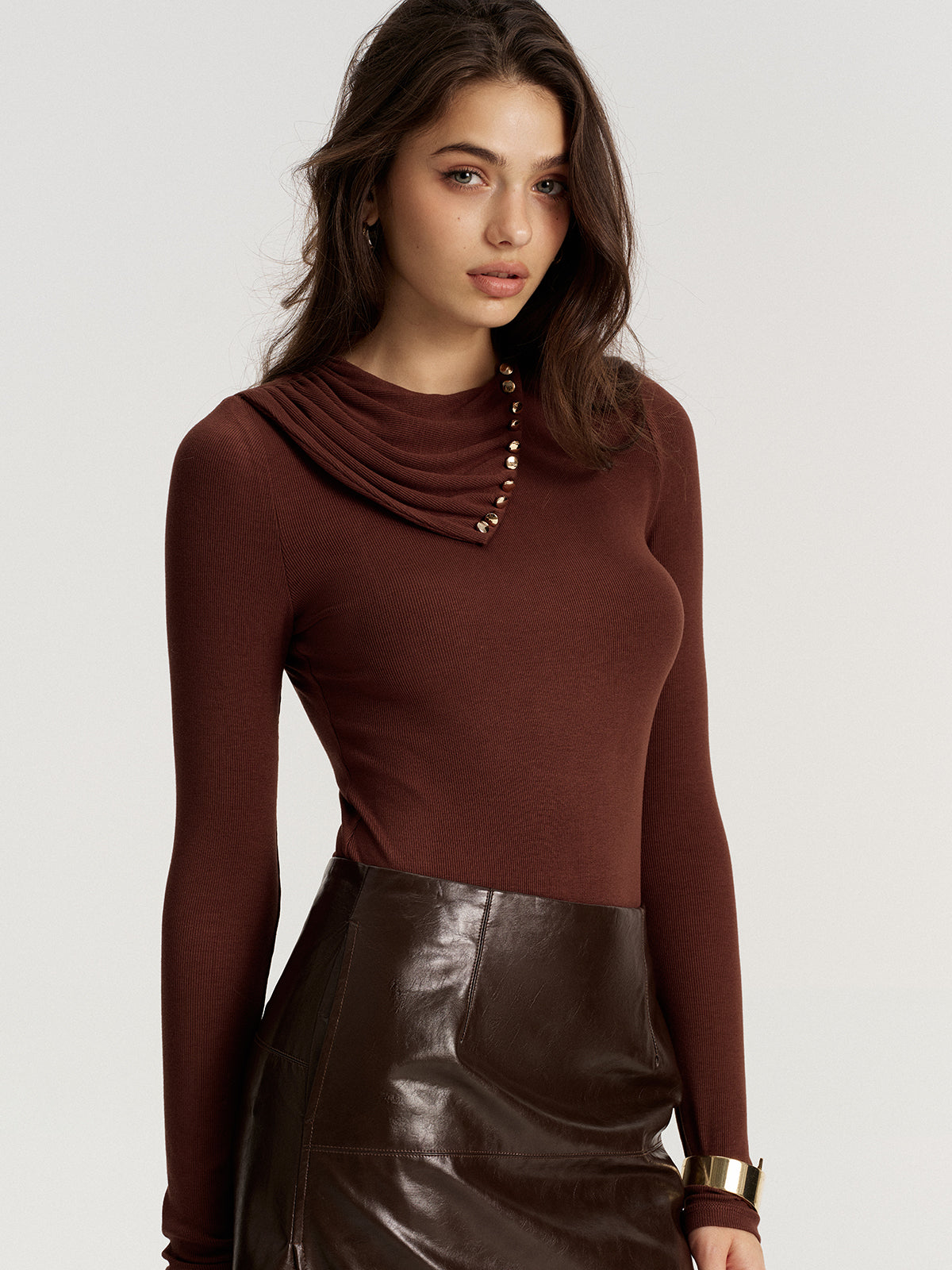 Drape Collar Backless Ribbed Knit Top