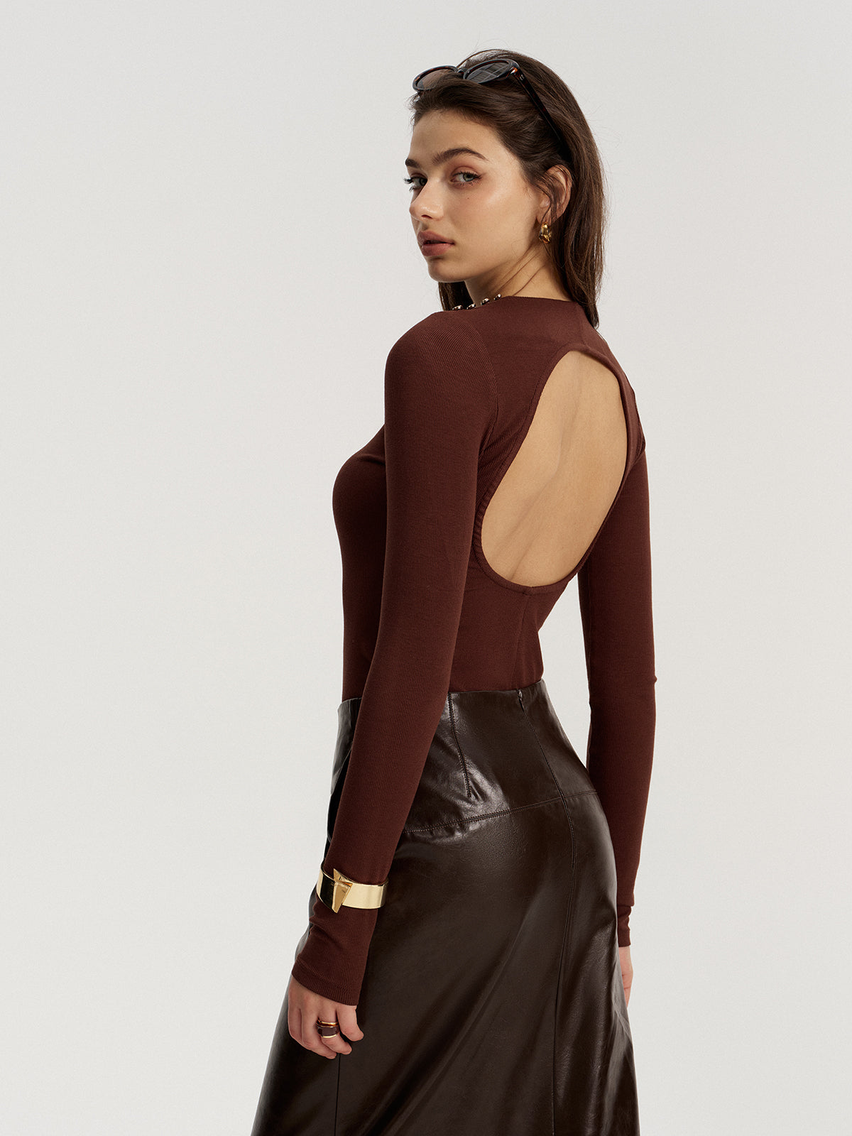 Drape Collar Backless Ribbed Knit Top