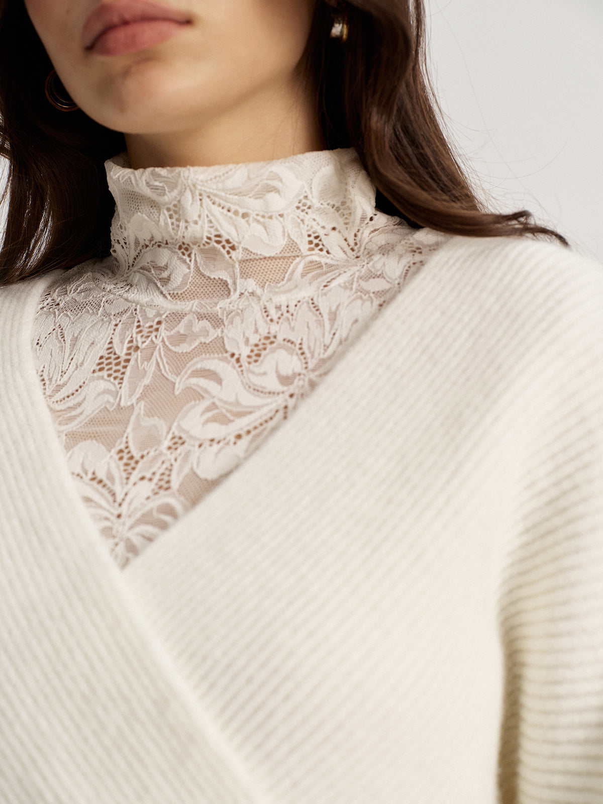 Lace Top and V Neck Sweater Two Piece Set