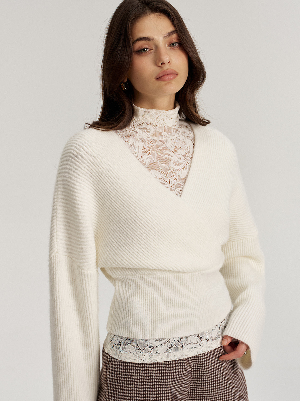 Lace Top and V Neck Sweater Two Piece Set