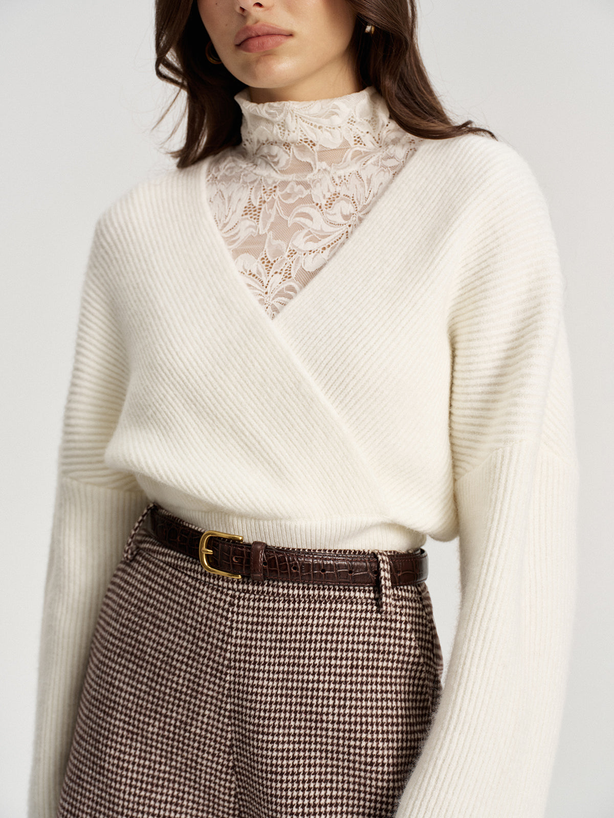 Lace Top and V Neck Sweater Two Piece Set