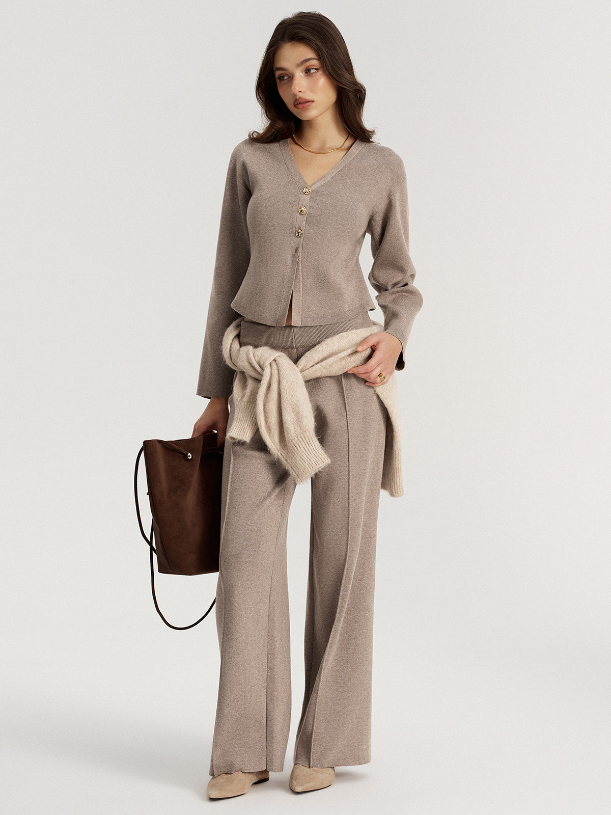 Metal Button V-Neck Knit Cardigan