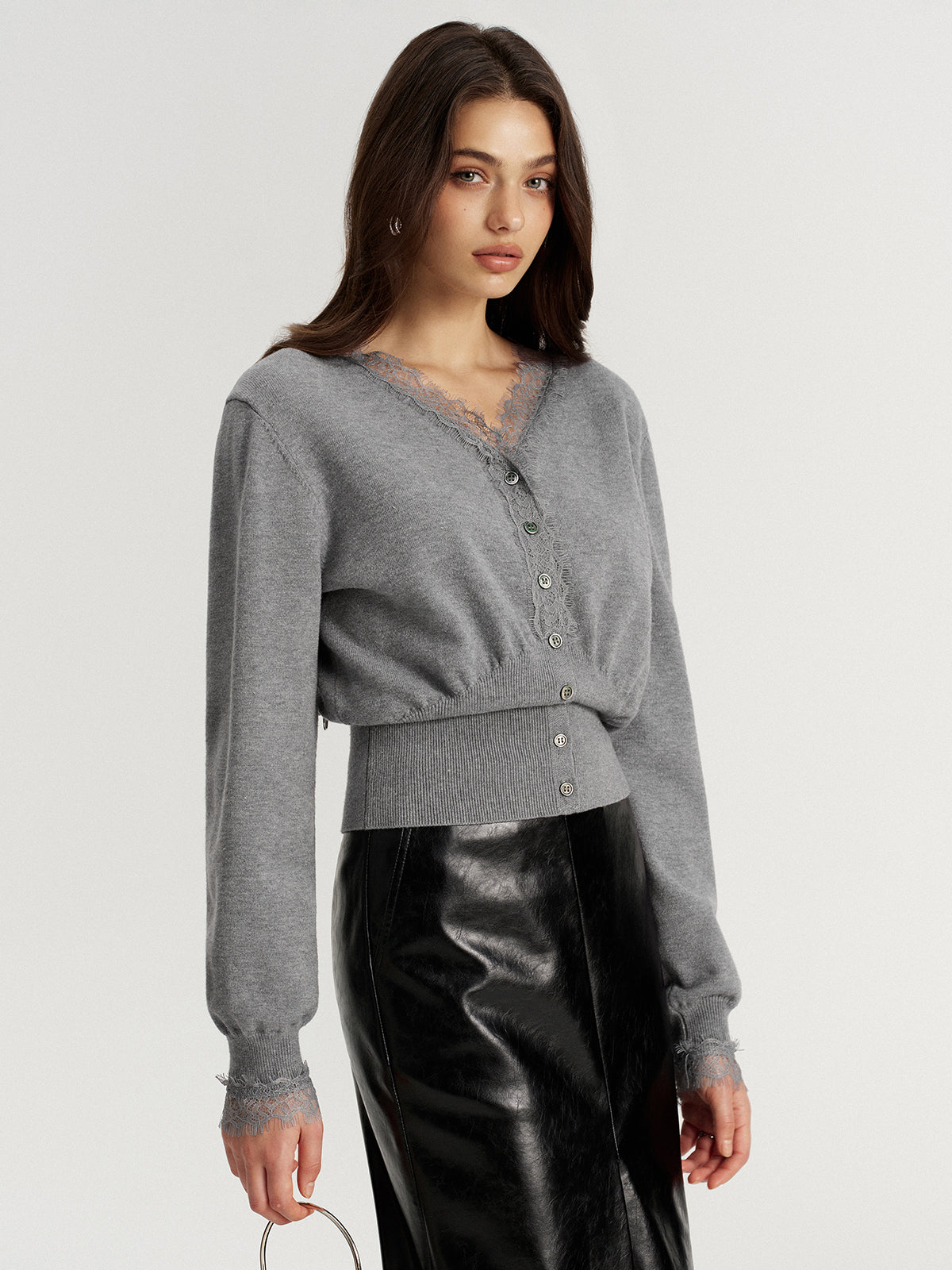 Lace Trim V-Neck Knit Cardigan