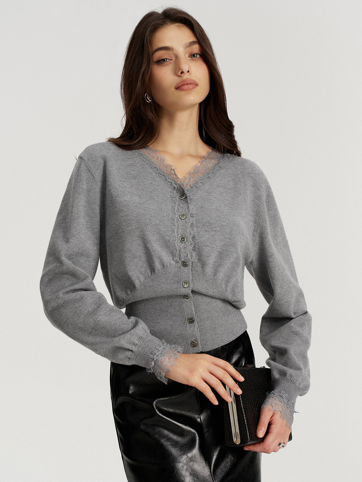 Lace Trim V-Neck Knit Cardigan