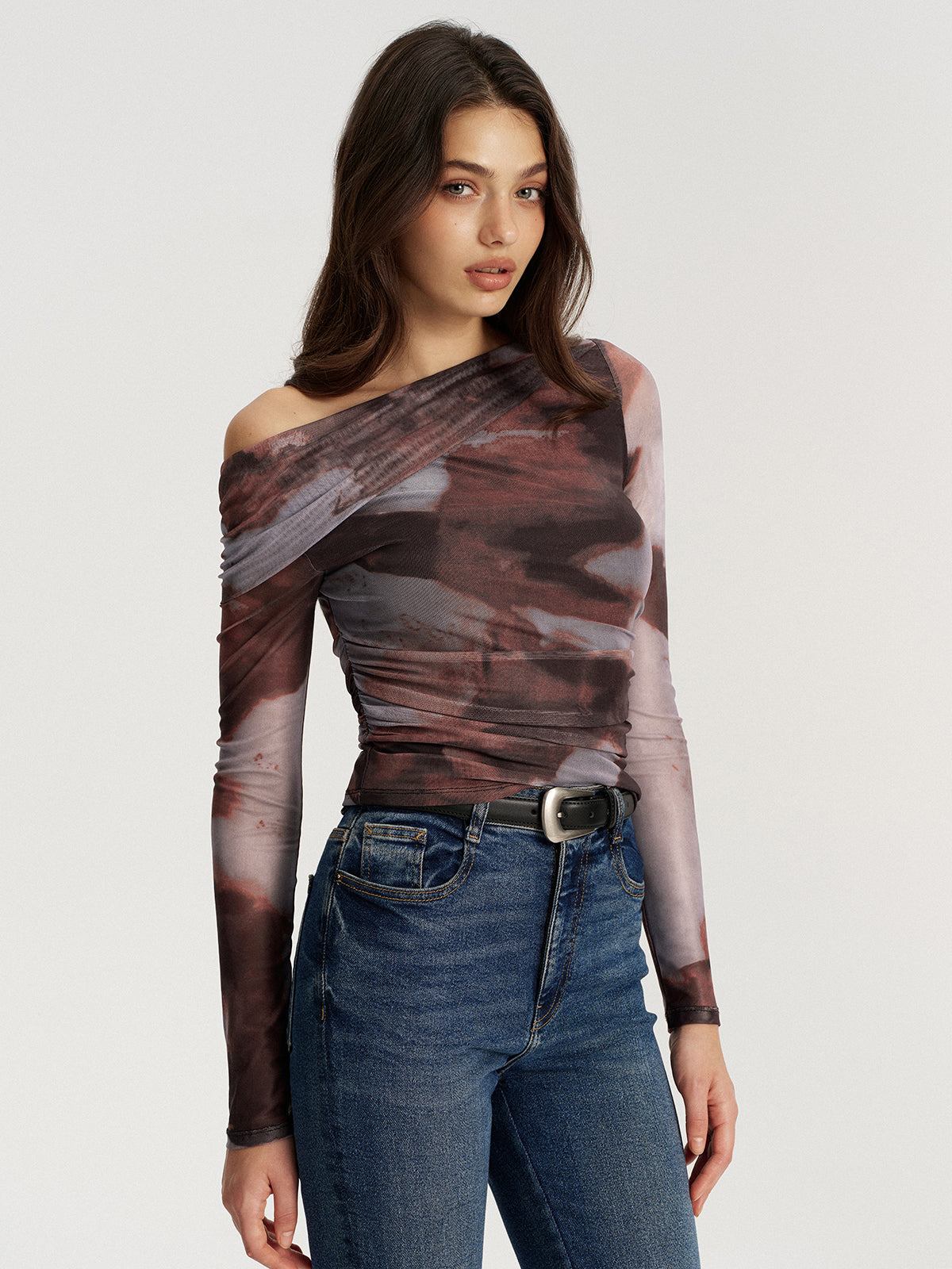 One Shoulder Abstract Print Mesh Ruched Top