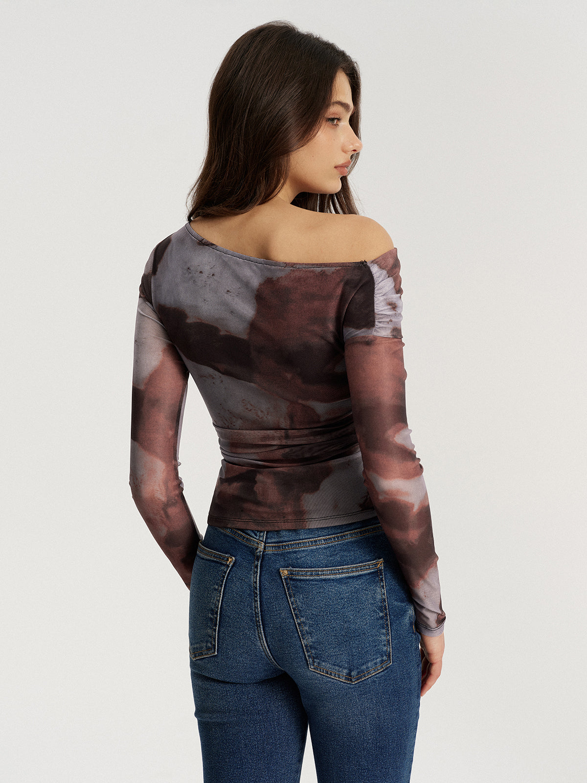 One Shoulder Abstract Print Mesh Ruched Top