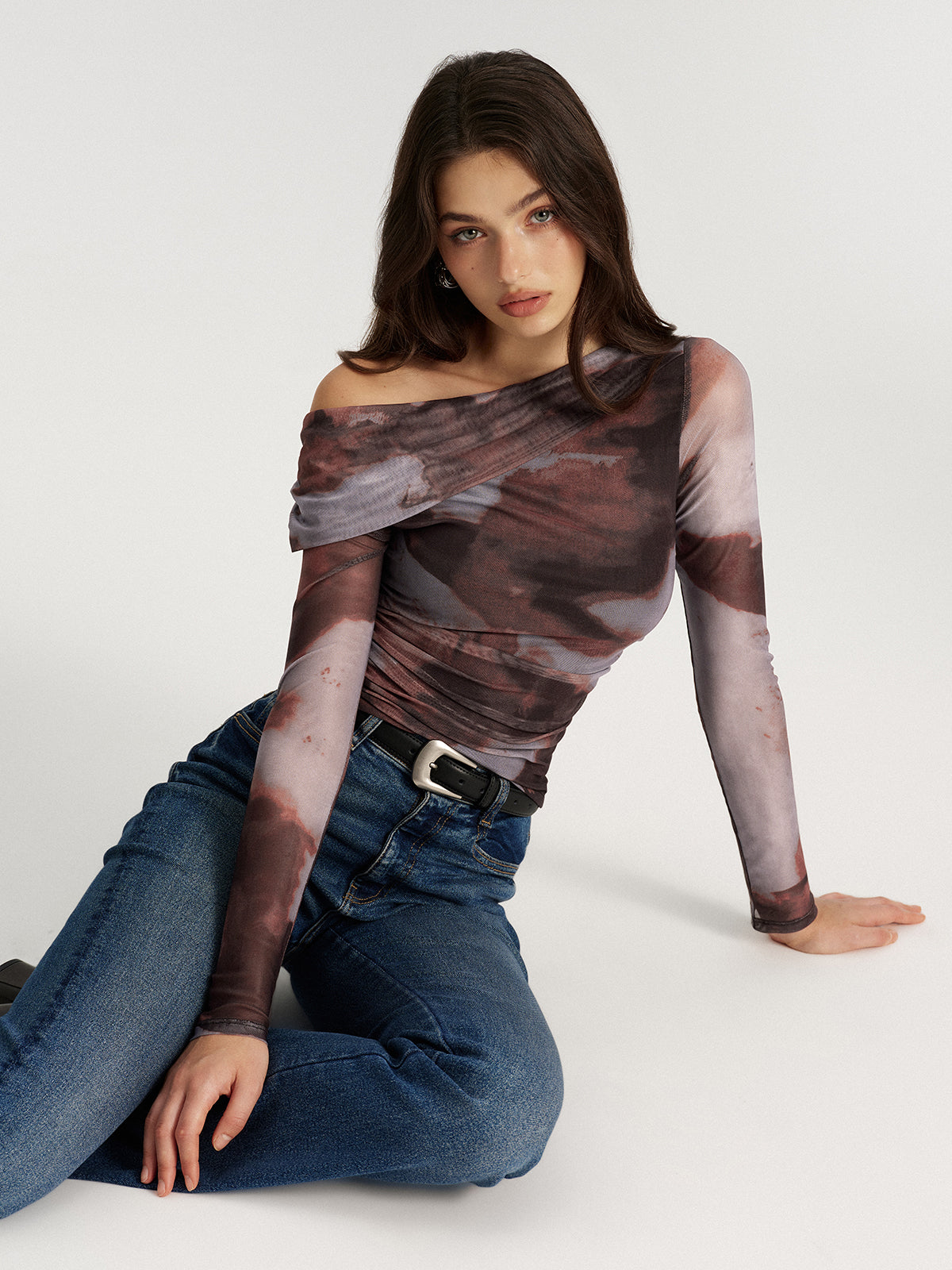 One Shoulder Abstract Print Mesh Ruched Top