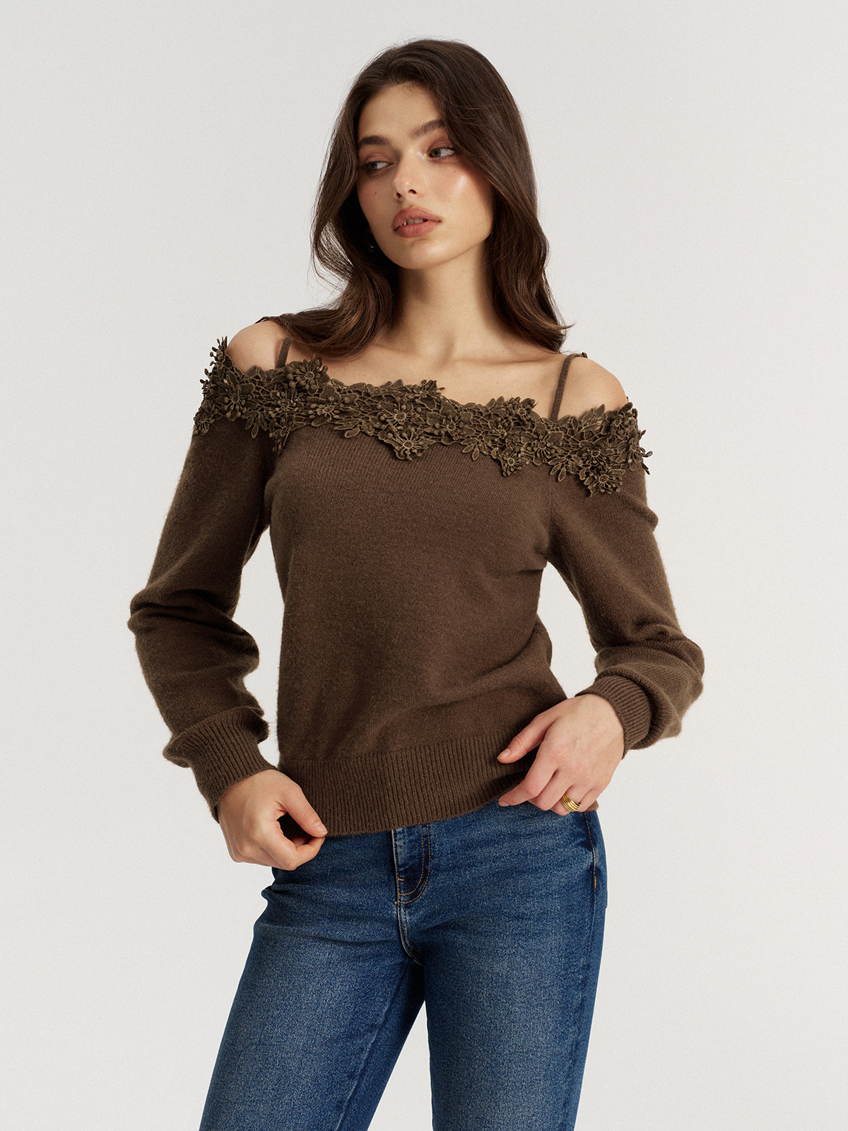 Off Shoulder Floral Lace Trim Sweater