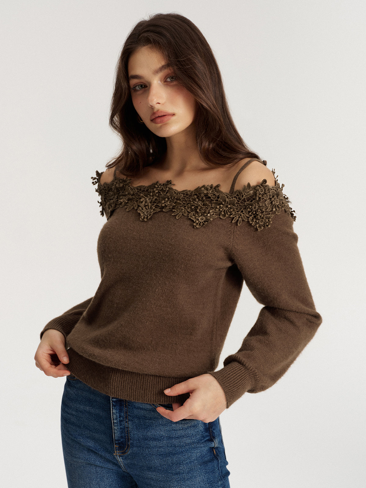 Off Shoulder Floral Lace Trim Sweater