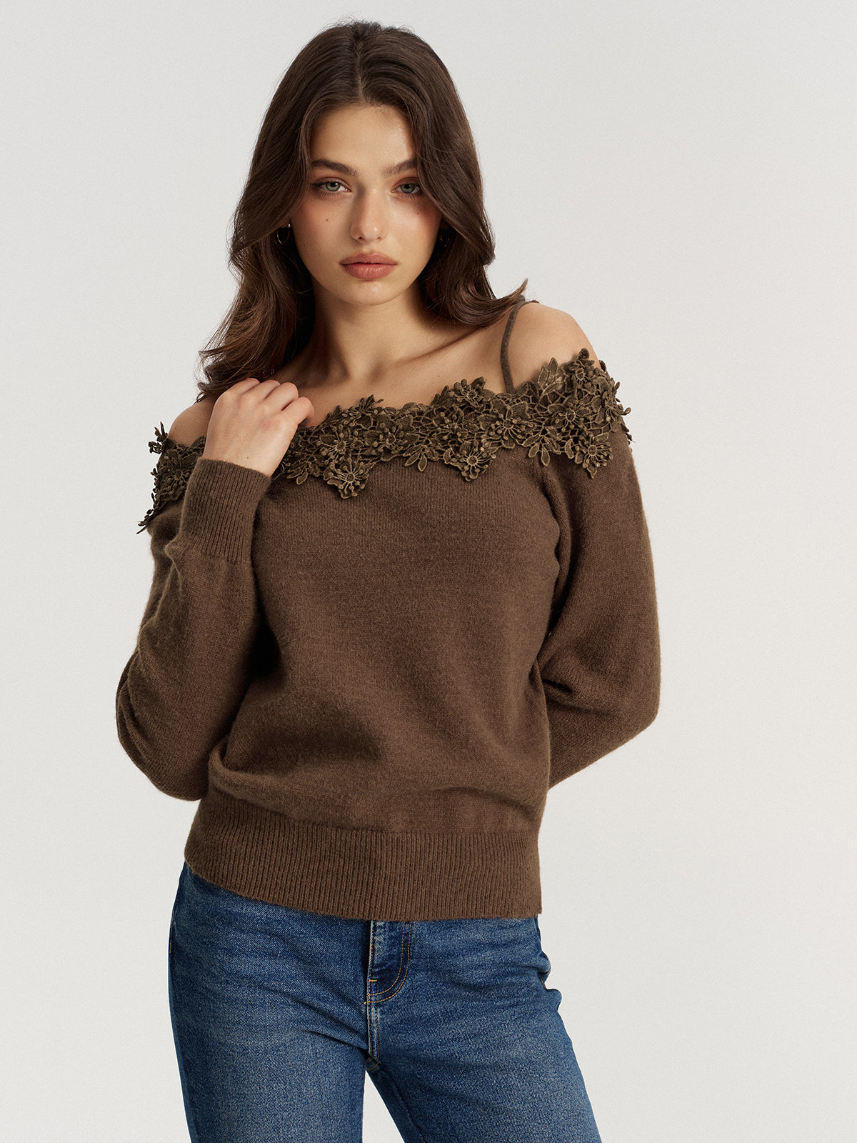 Off Shoulder Floral Lace Trim Sweater