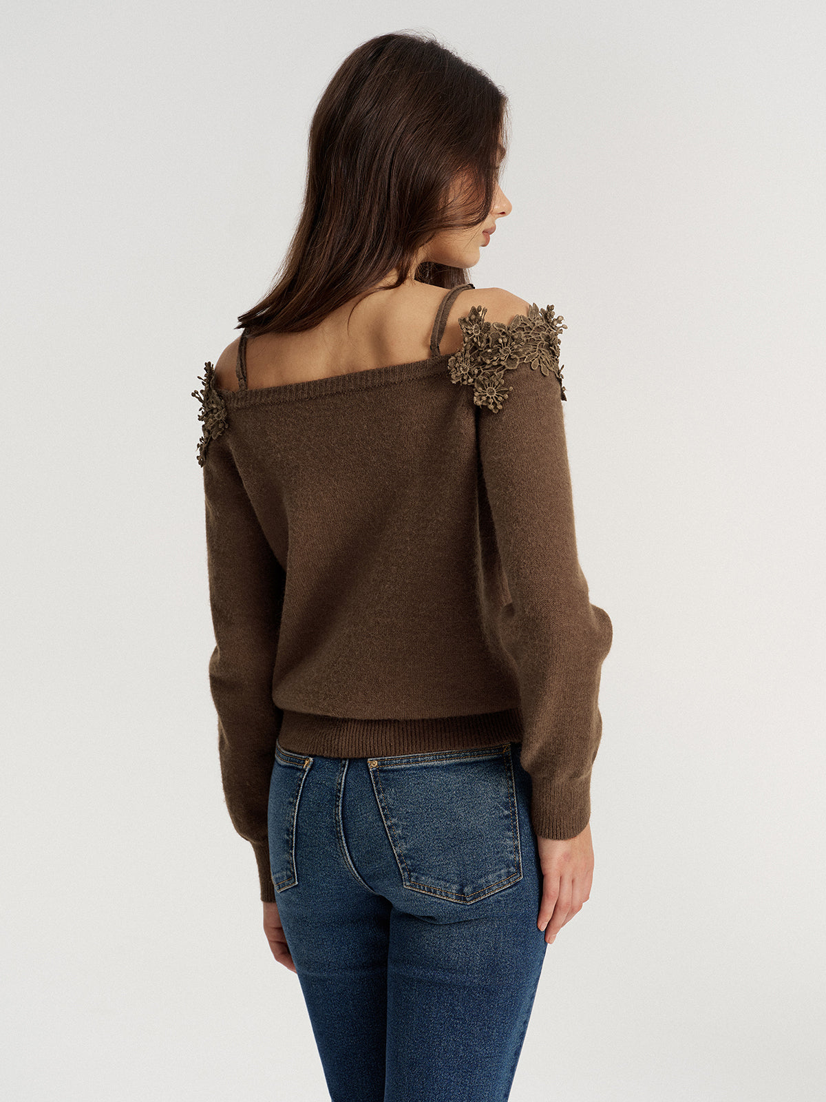 Off Shoulder Floral Lace Trim Sweater