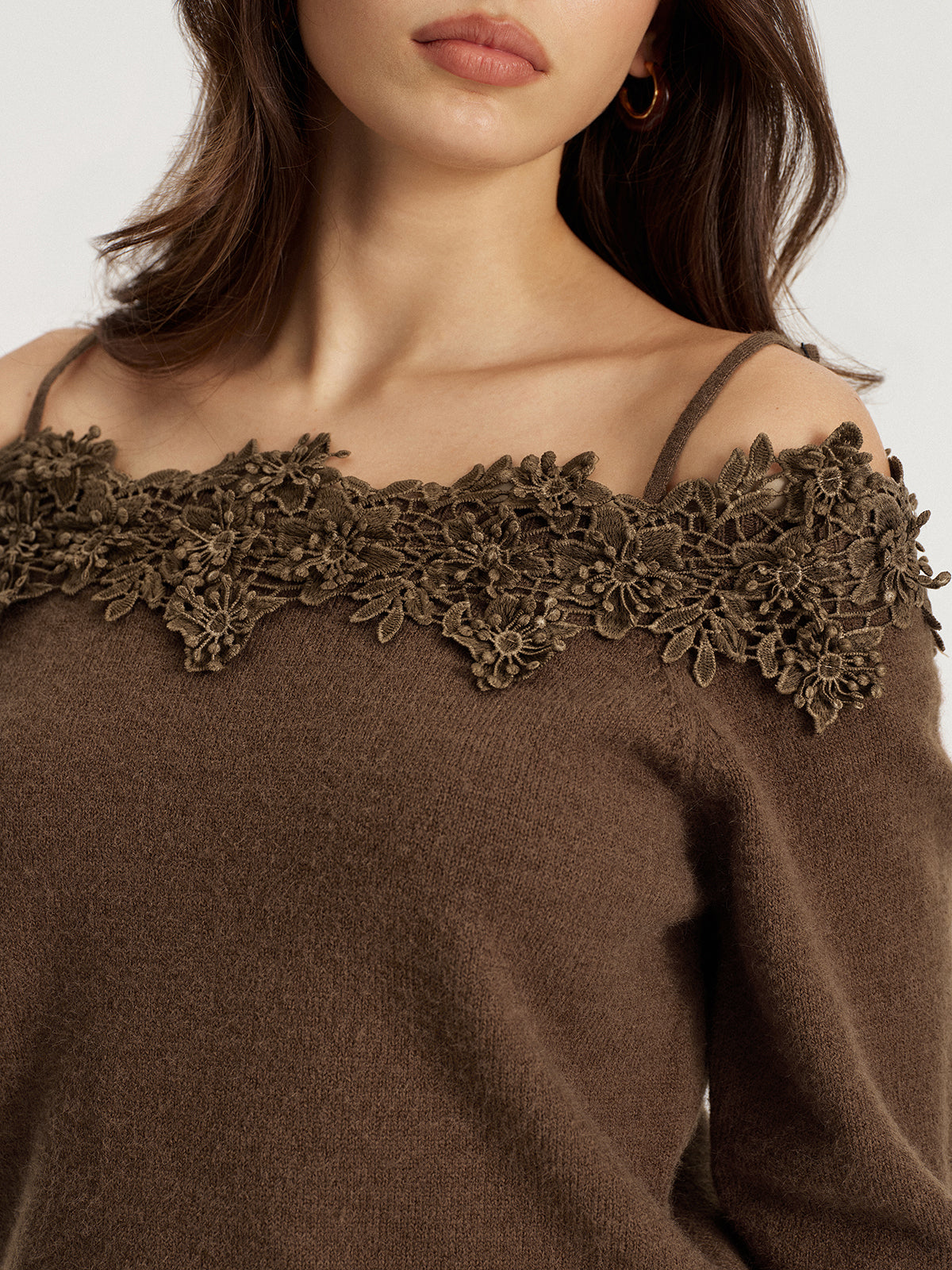 Off Shoulder Floral Lace Trim Sweater
