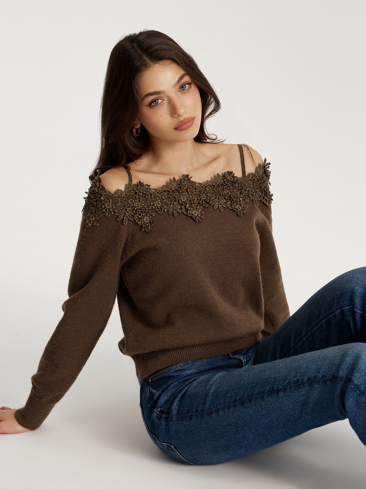 Off Shoulder Floral Lace Trim Sweater