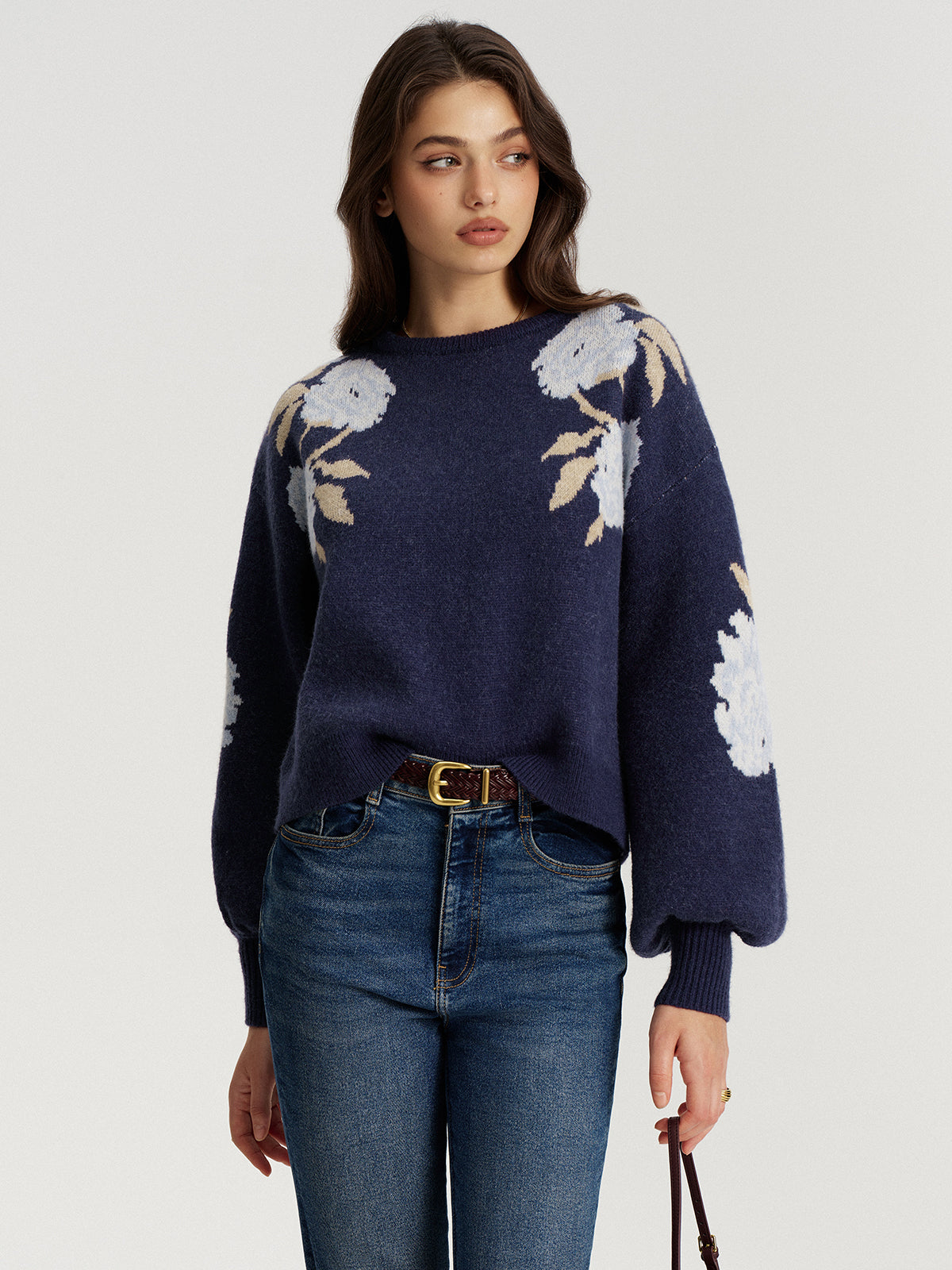 Haut en maille jacquard floral à manches ballon