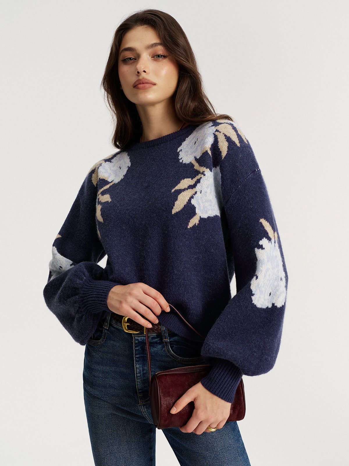 Haut en maille jacquard floral à manches ballon