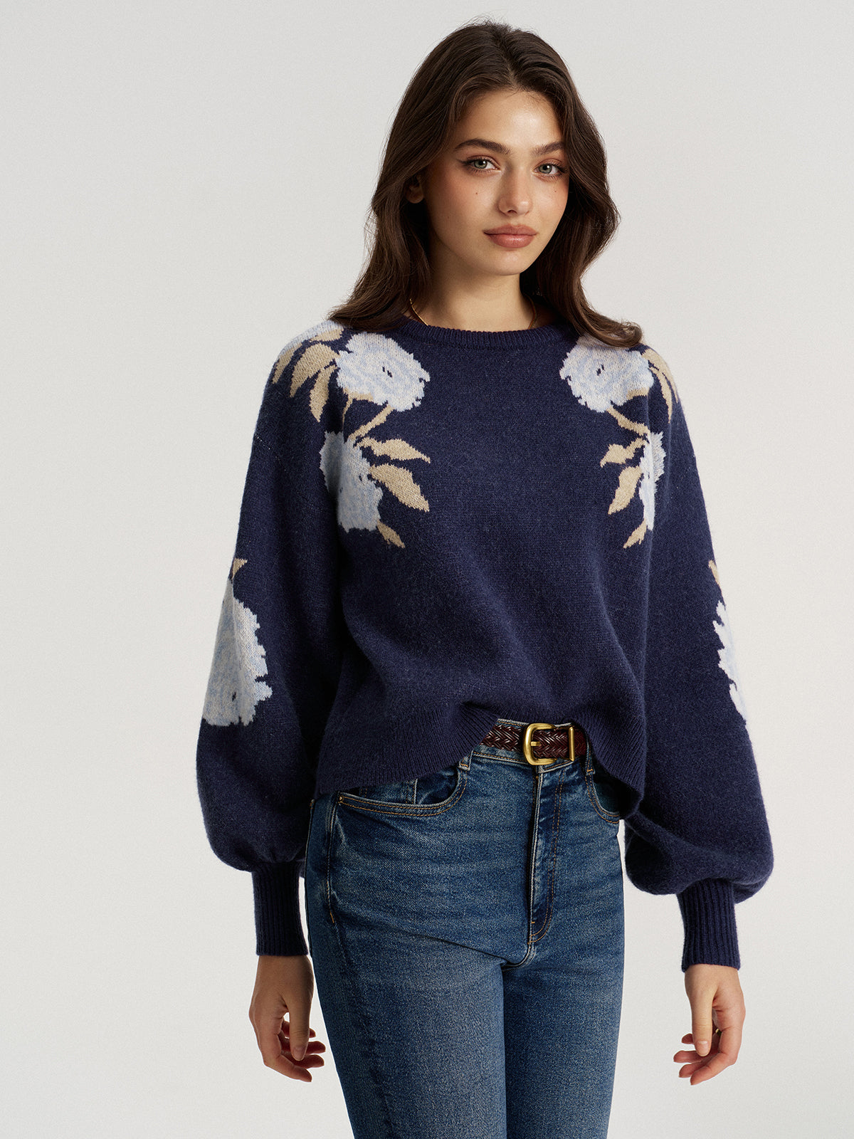 Haut en maille jacquard floral à manches ballon