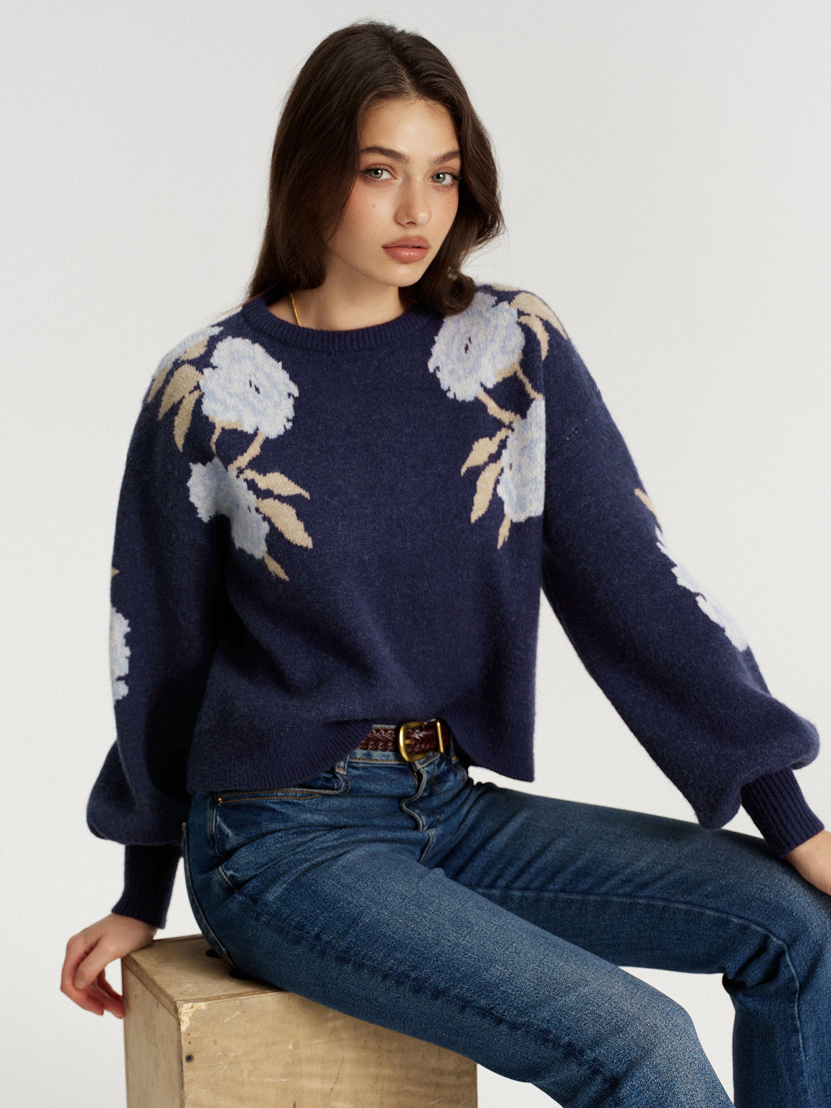 Haut en maille jacquard floral à manches ballon