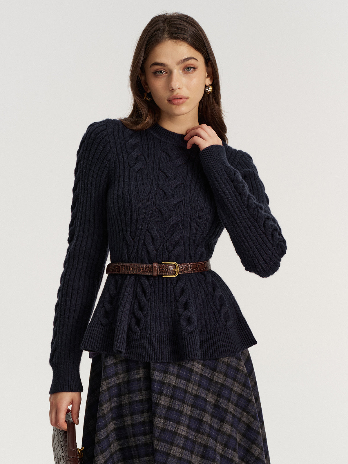 Cashmere-Blend Cable-Knit Sweater without Belt
