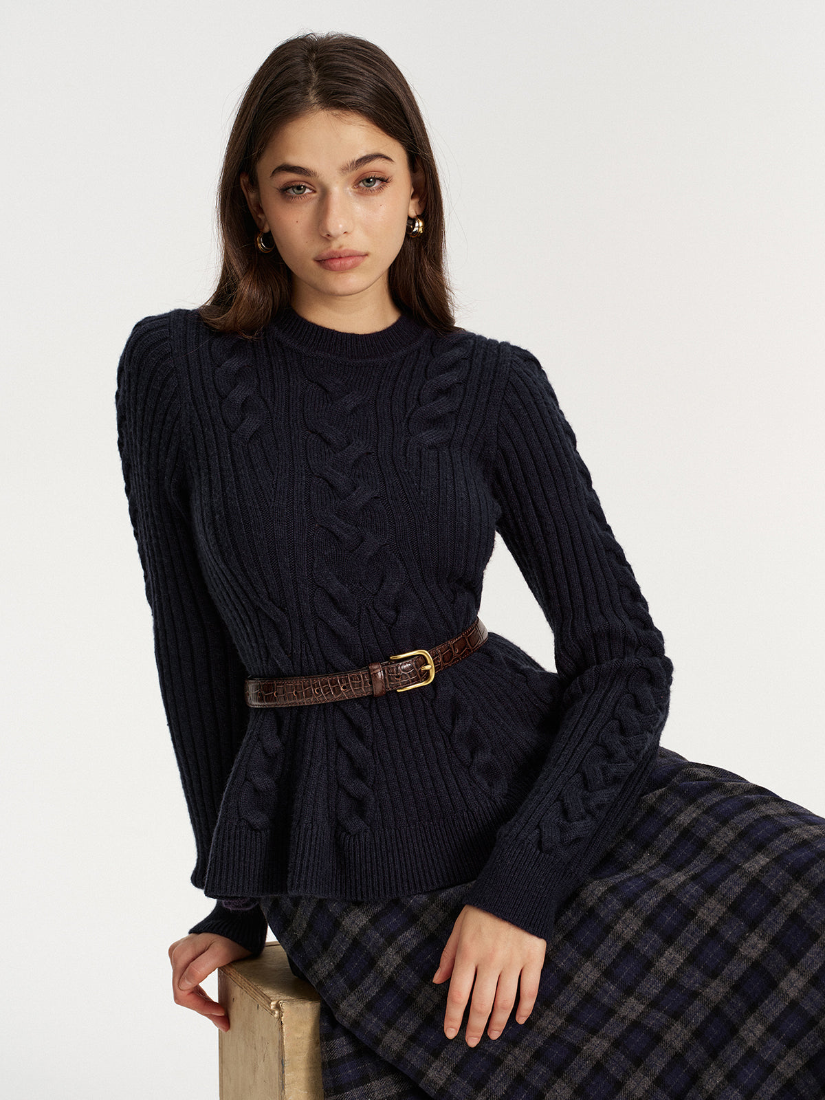Cashmere-Blend Cable-Knit Sweater without Belt