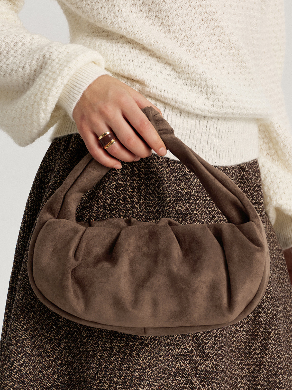 Faux Suede Knotted Top Handle Bag