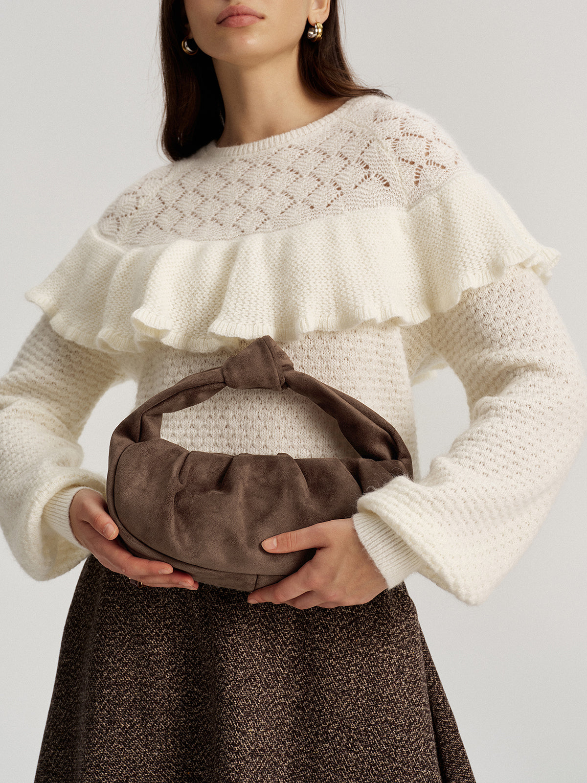 Faux Suede Knotted Top Handle Bag