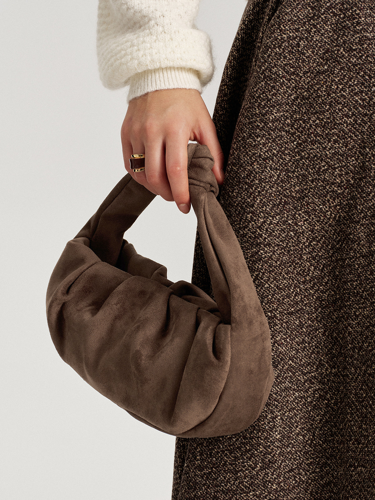 Faux Suede Knotted Top Handle Bag