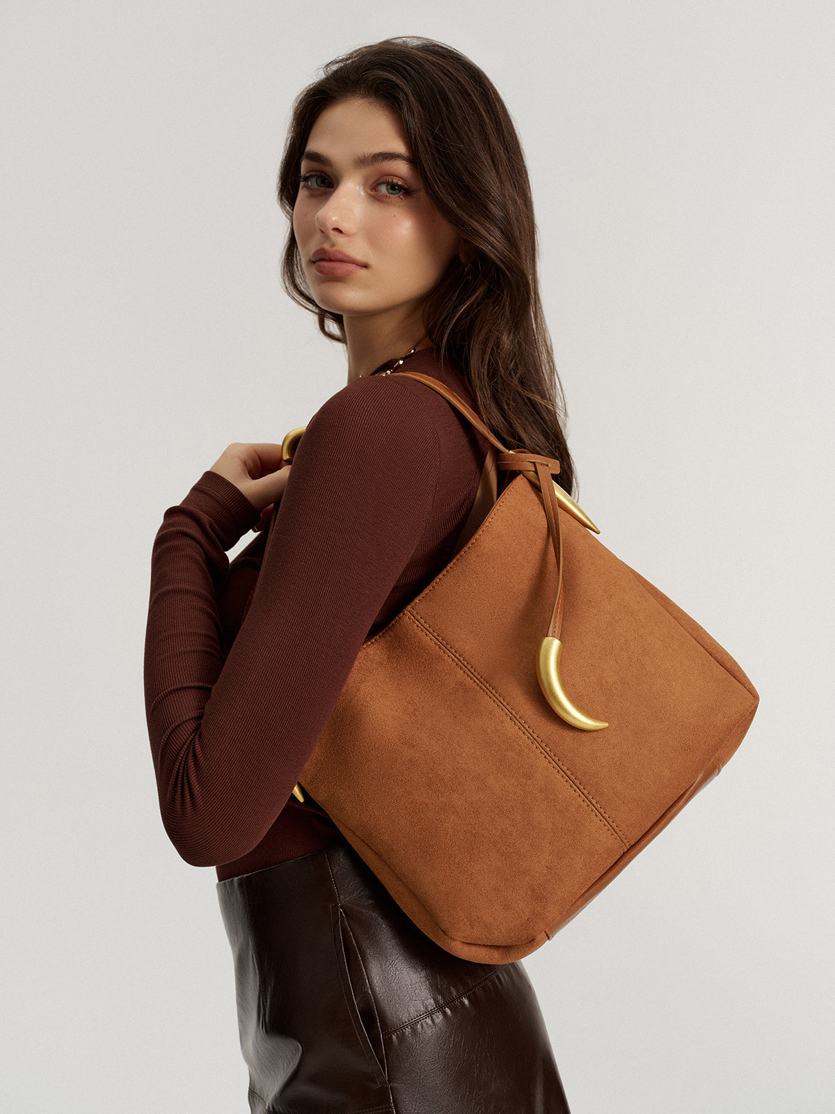 Metal Accent Faux Suede Hobo Bag
