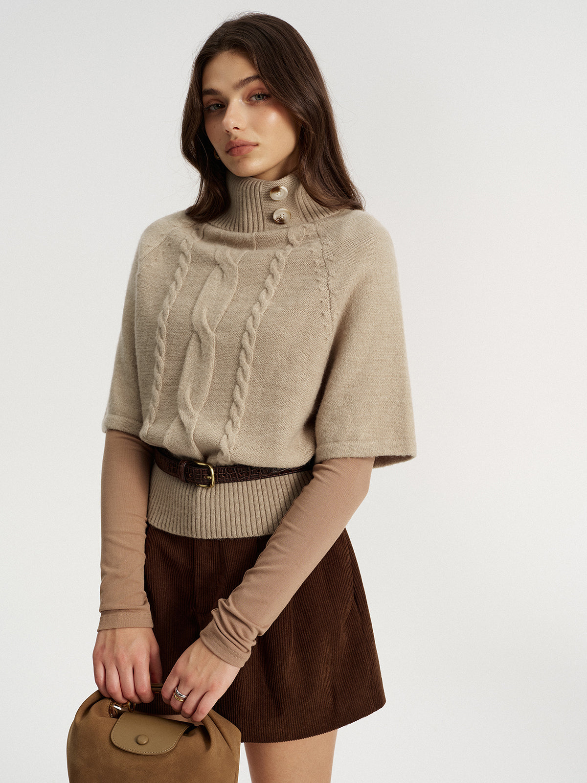 Turtleneck Cable Knit Short Sleeve Sweater without Belt