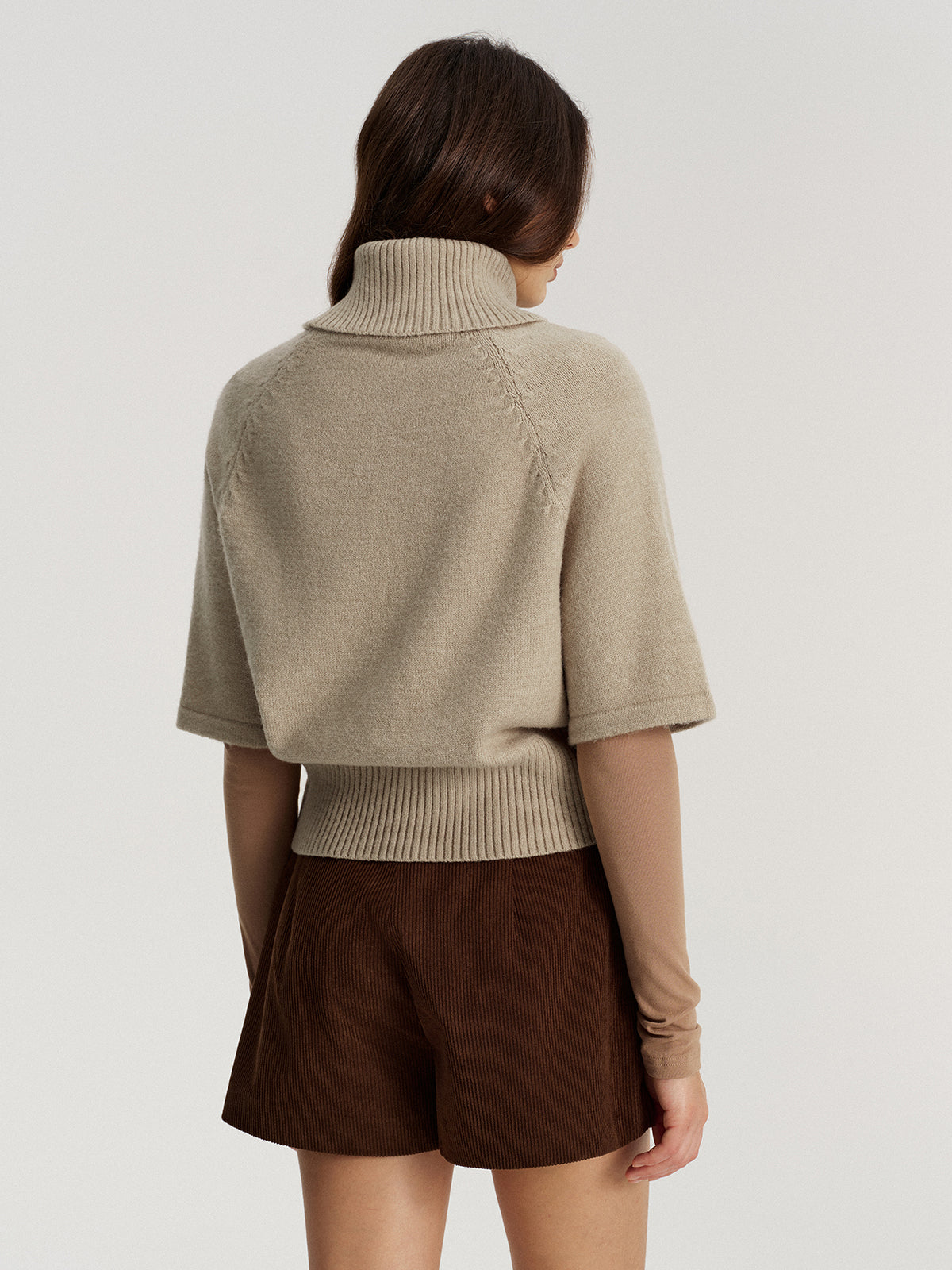 Turtleneck Cable Knit Short Sleeve Sweater without Belt