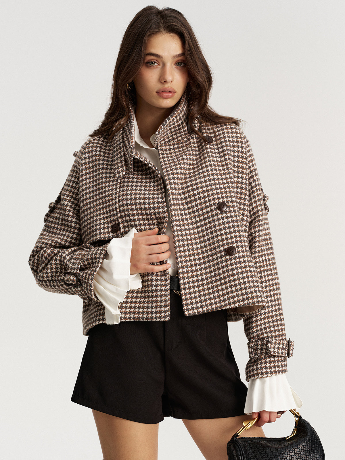 Houndstooth Double-Breasted Tweed Coat