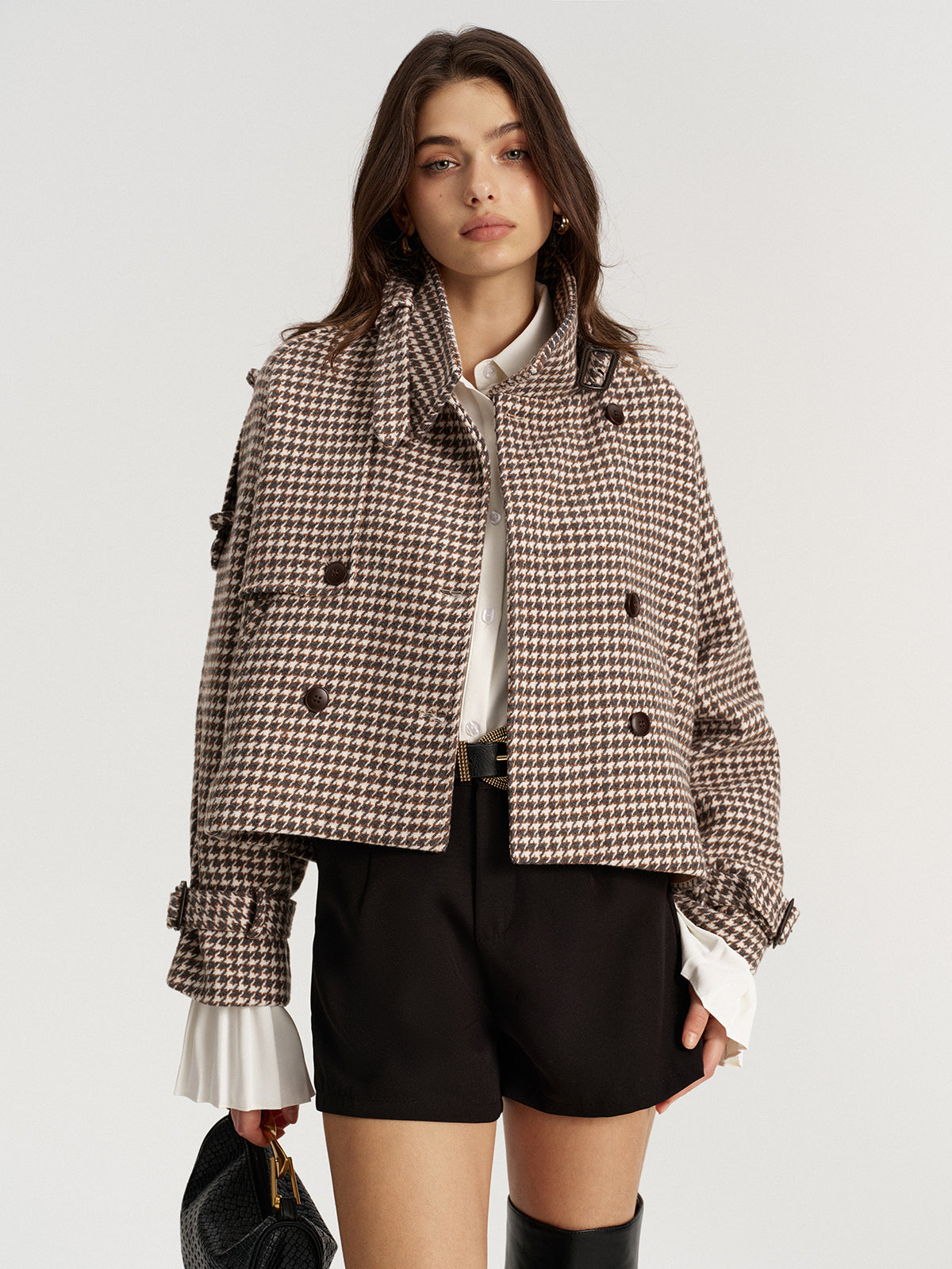 Houndstooth Double-Breasted Tweed Coat