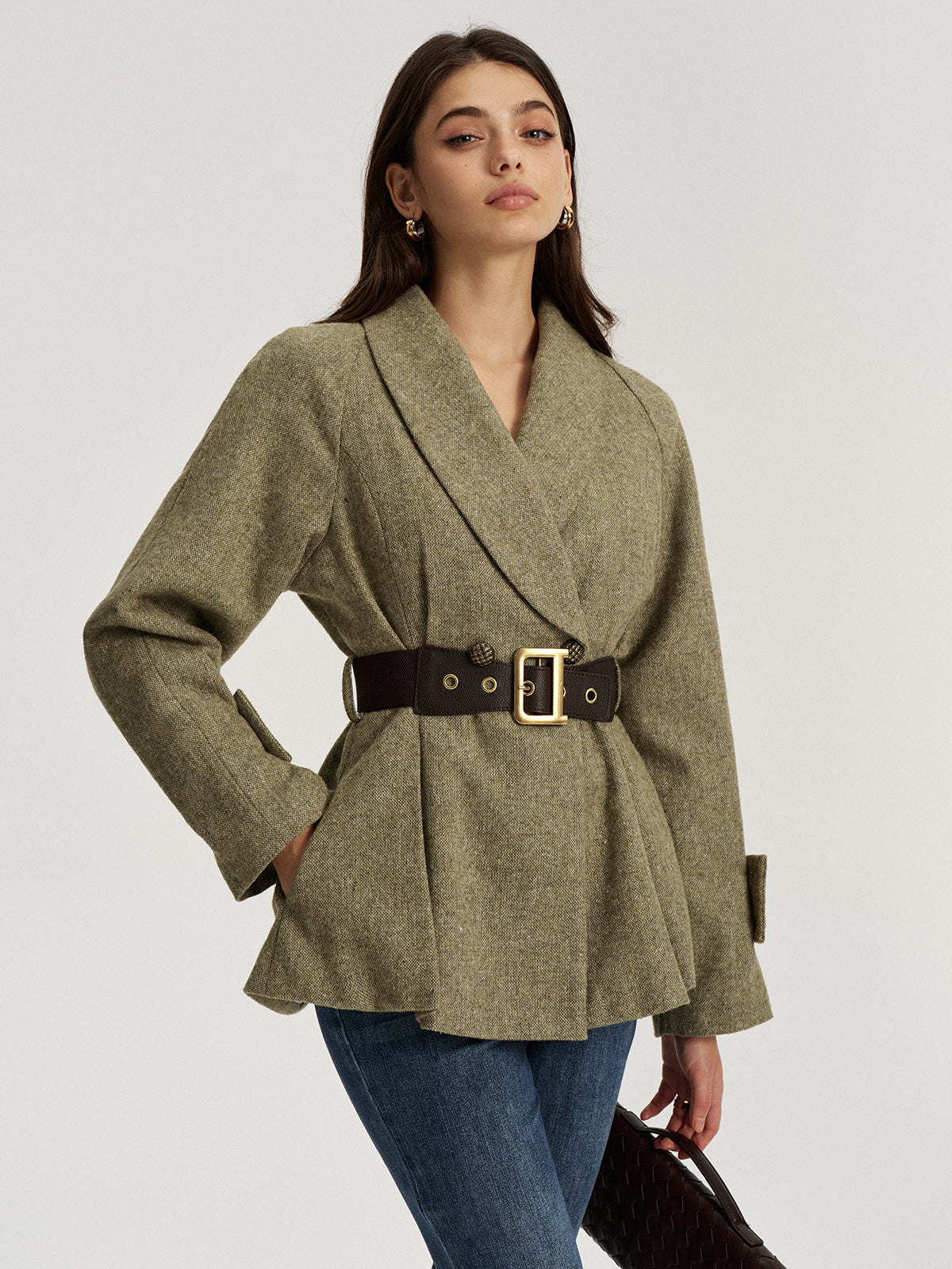 Blazer ceinturé en laine mélangée à col châle