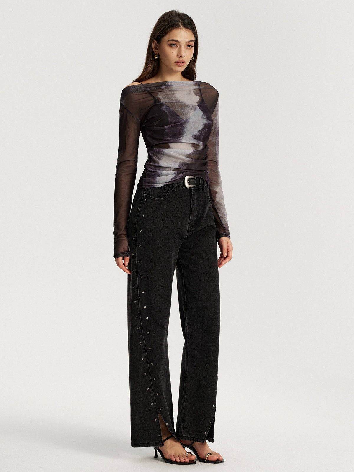 Mesh Tie-Dye Off-Shoulder Long Sleeve T-Shirt