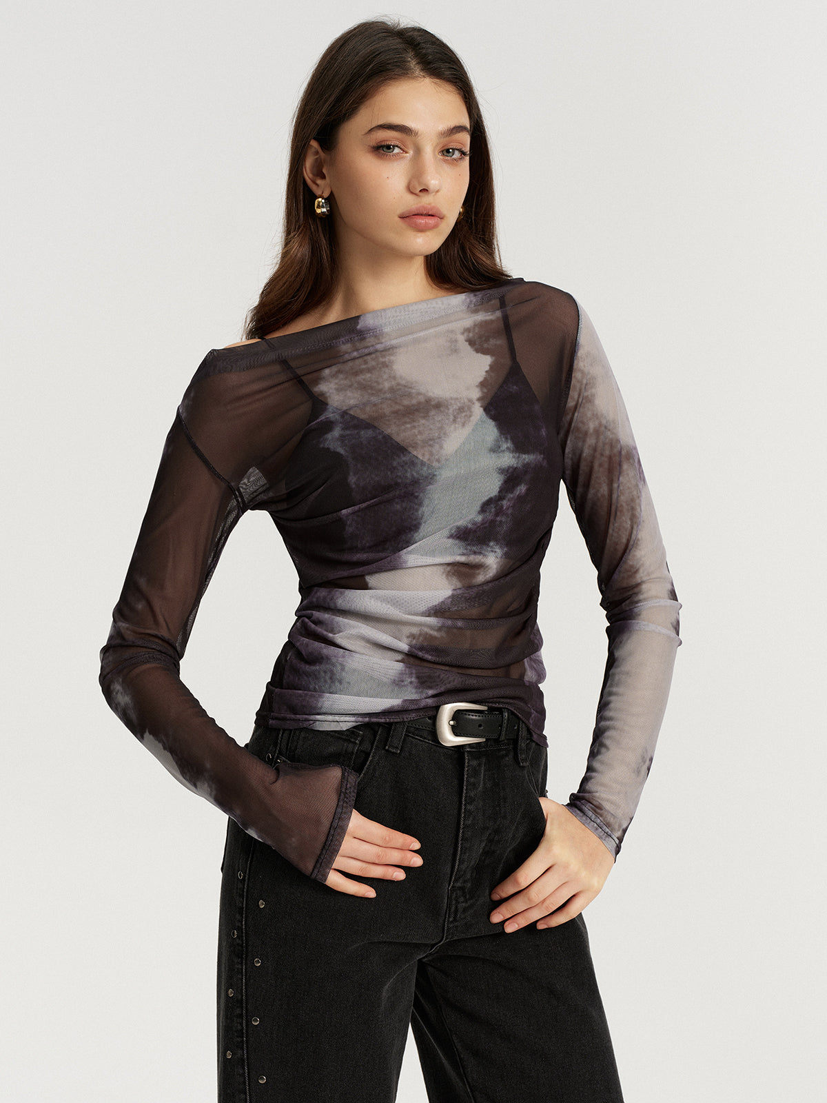 Mesh Tie-Dye Off-Shoulder Long Sleeve T-Shirt