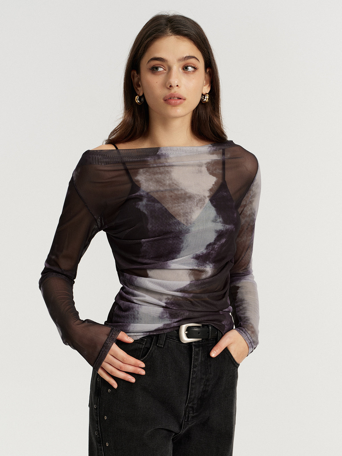 Mesh Tie-Dye Off-Shoulder Long Sleeve T-Shirt