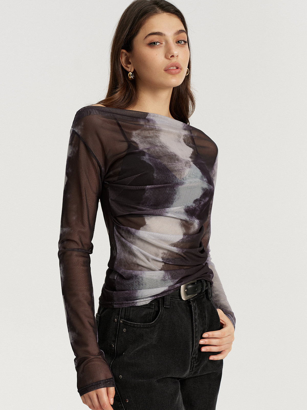 Mesh Tie-Dye Off-Shoulder Long Sleeve T-Shirt