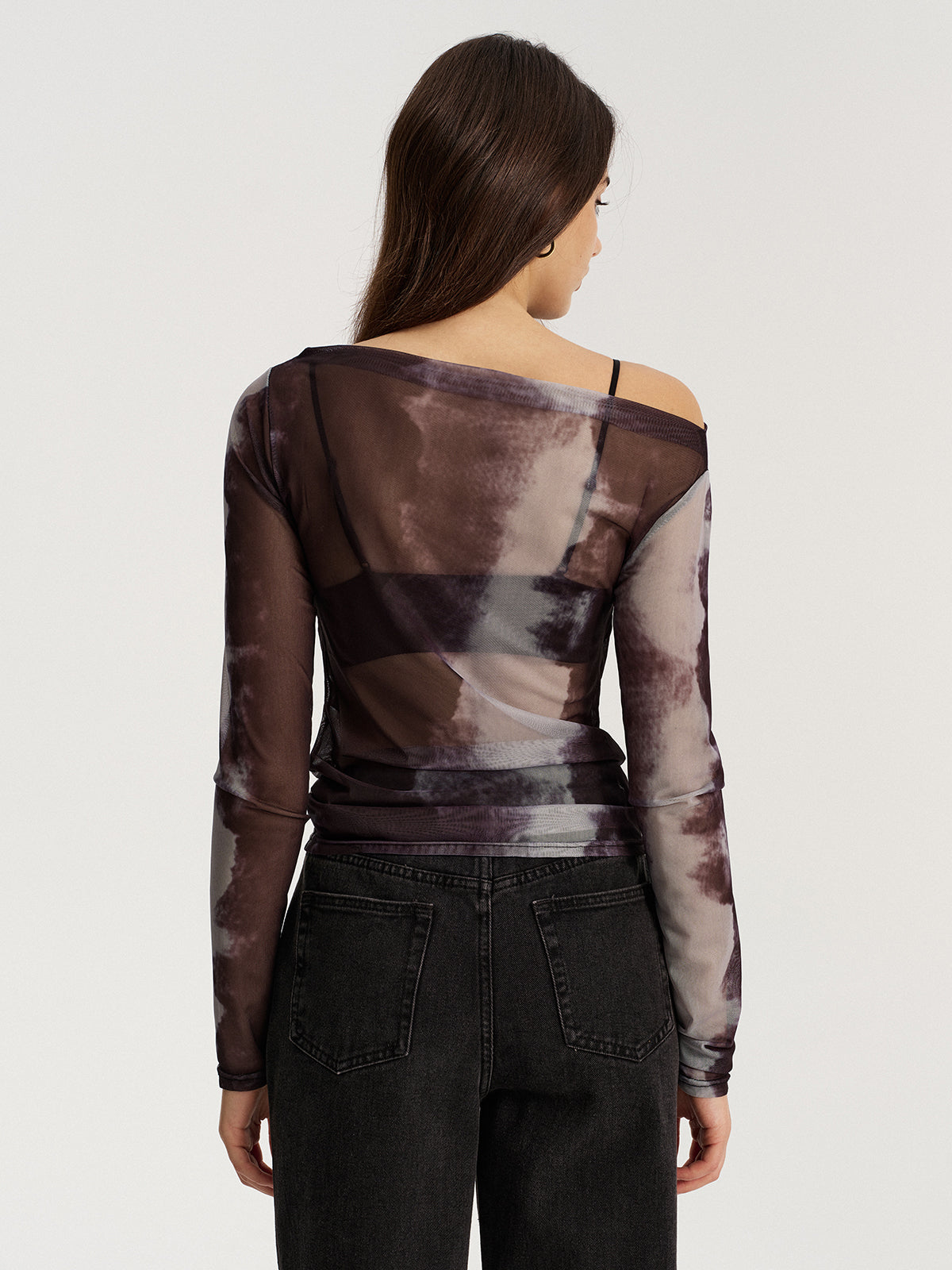 Mesh Tie-Dye Off-Shoulder Long Sleeve T-Shirt