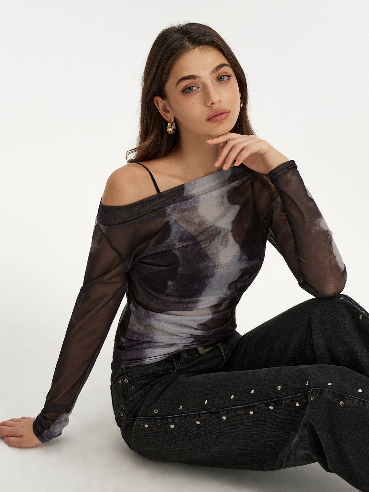 Mesh Tie-Dye Off-Shoulder Long Sleeve T-Shirt