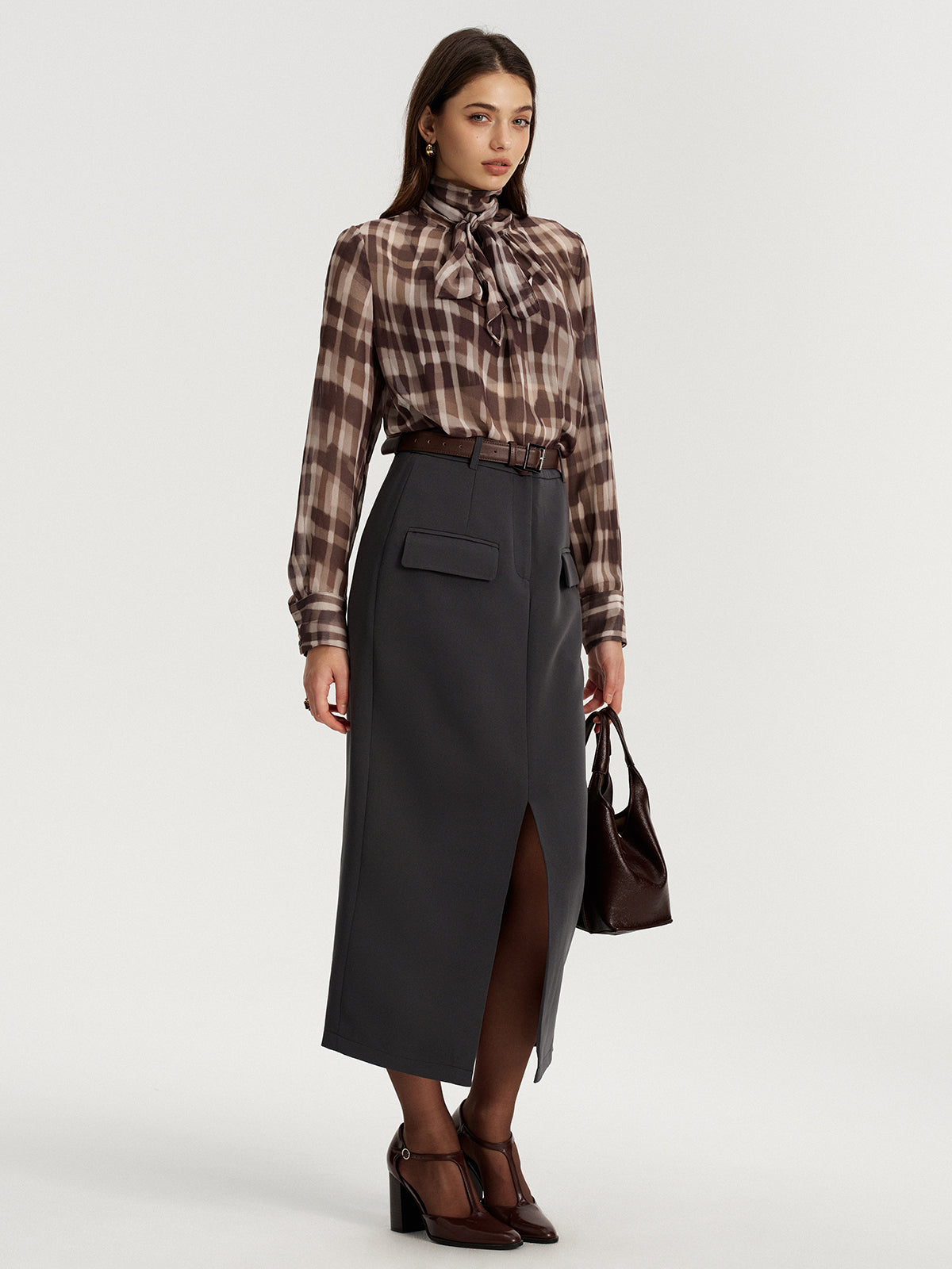Tie Neck Plaid Semi-Sheer Chiffon Blouse