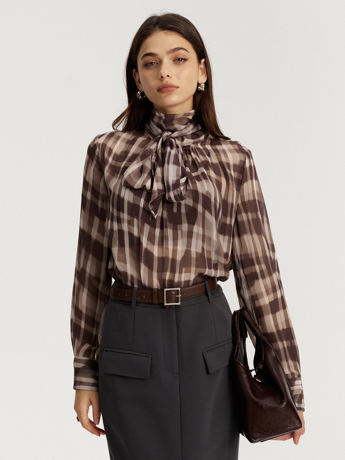 Tie Neck Plaid Semi-Sheer Chiffon Blouse