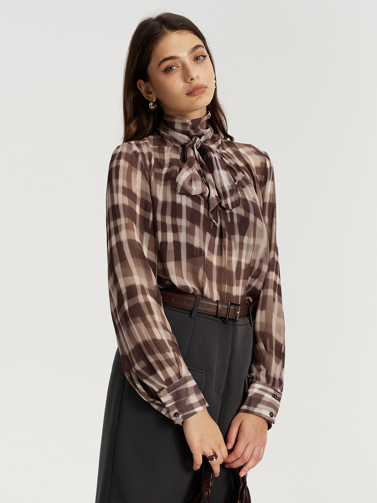 Tie Neck Plaid Semi-Sheer Chiffon Blouse