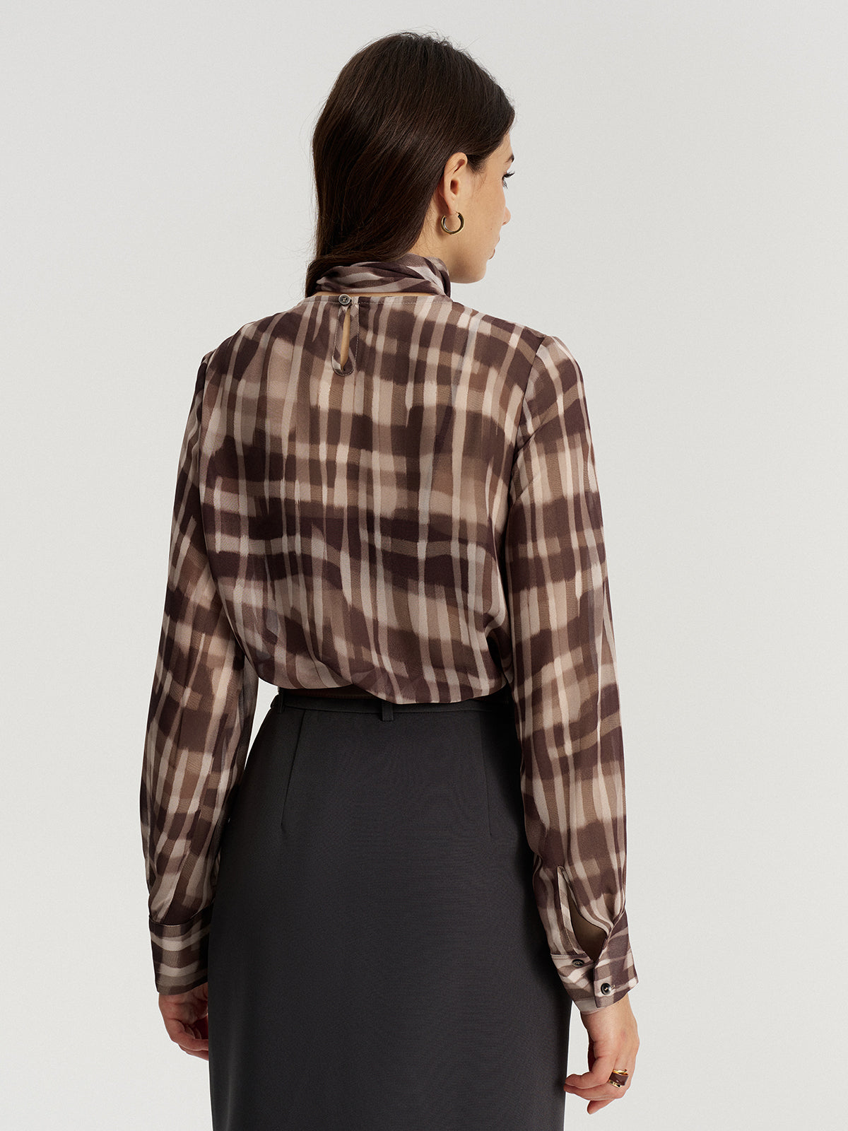 Tie Neck Plaid Semi-Sheer Chiffon Blouse