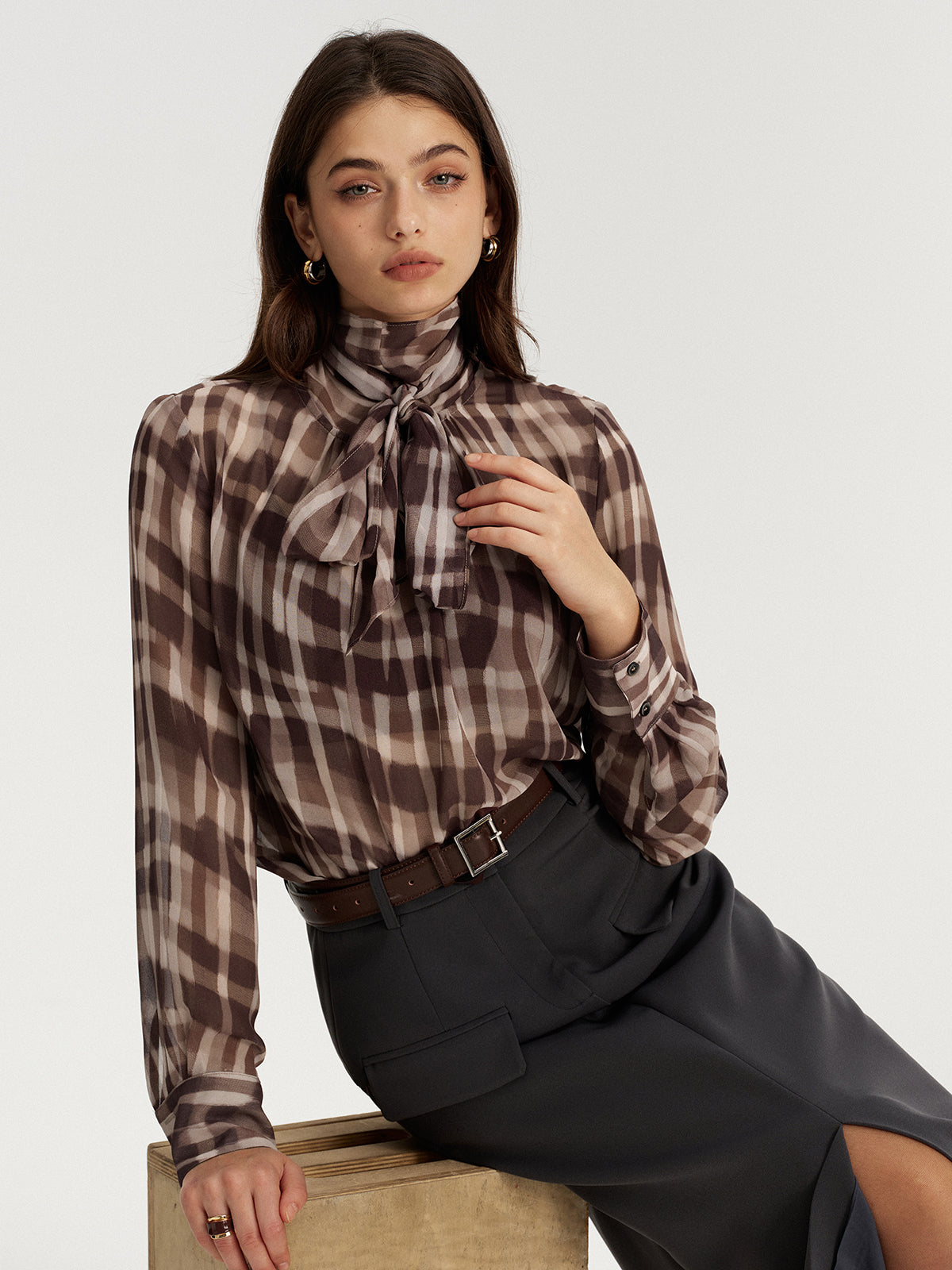 Tie Neck Plaid Semi-Sheer Chiffon Blouse