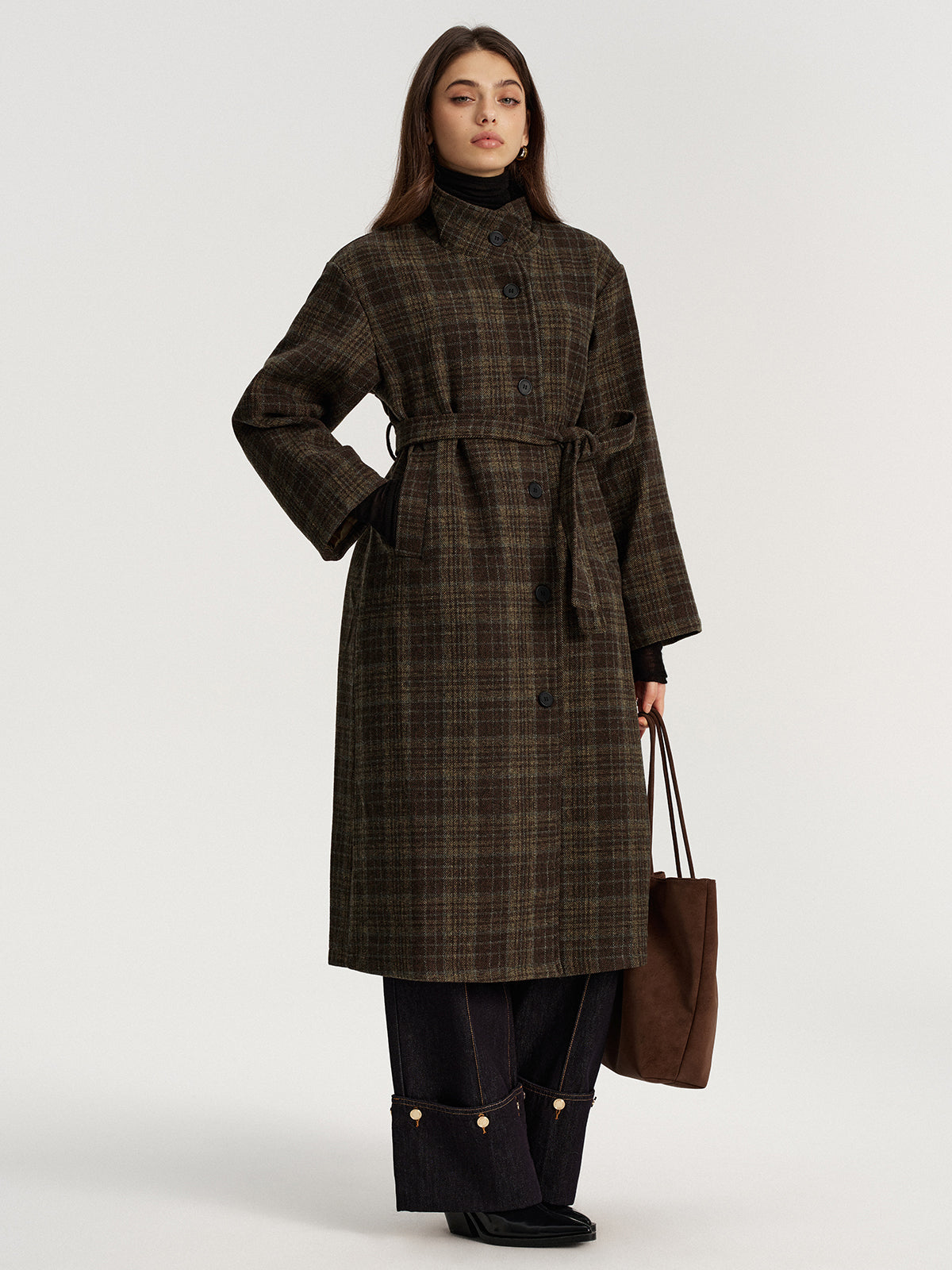 Belted Plaid Tweed Long Coat