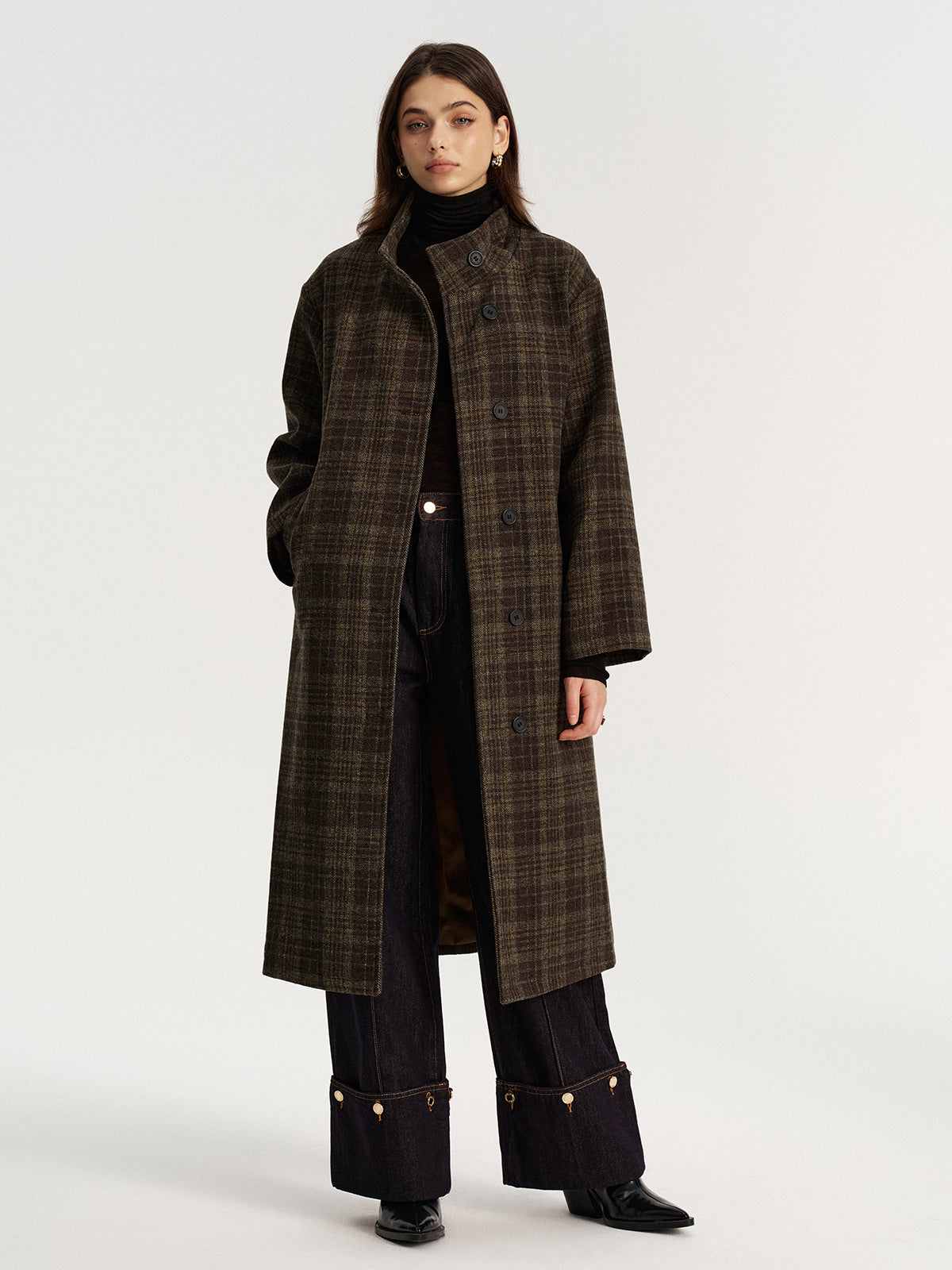 Belted Plaid Tweed Long Coat