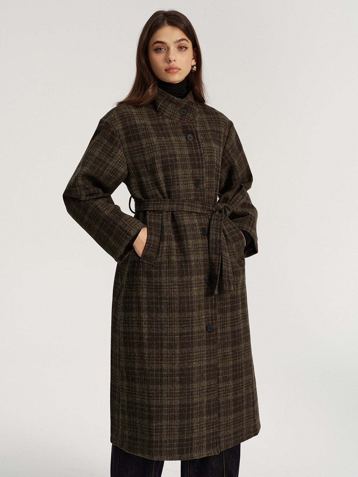 Belted Plaid Tweed Long Coat
