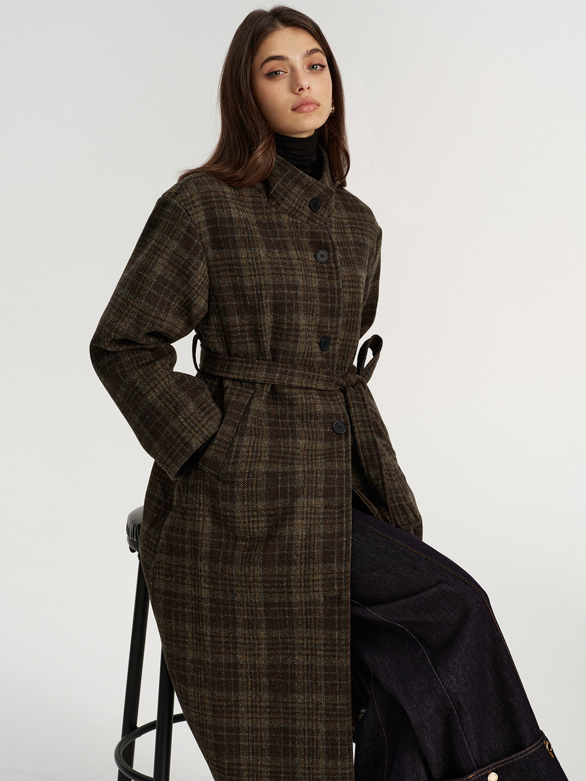 Belted Plaid Tweed Long Coat