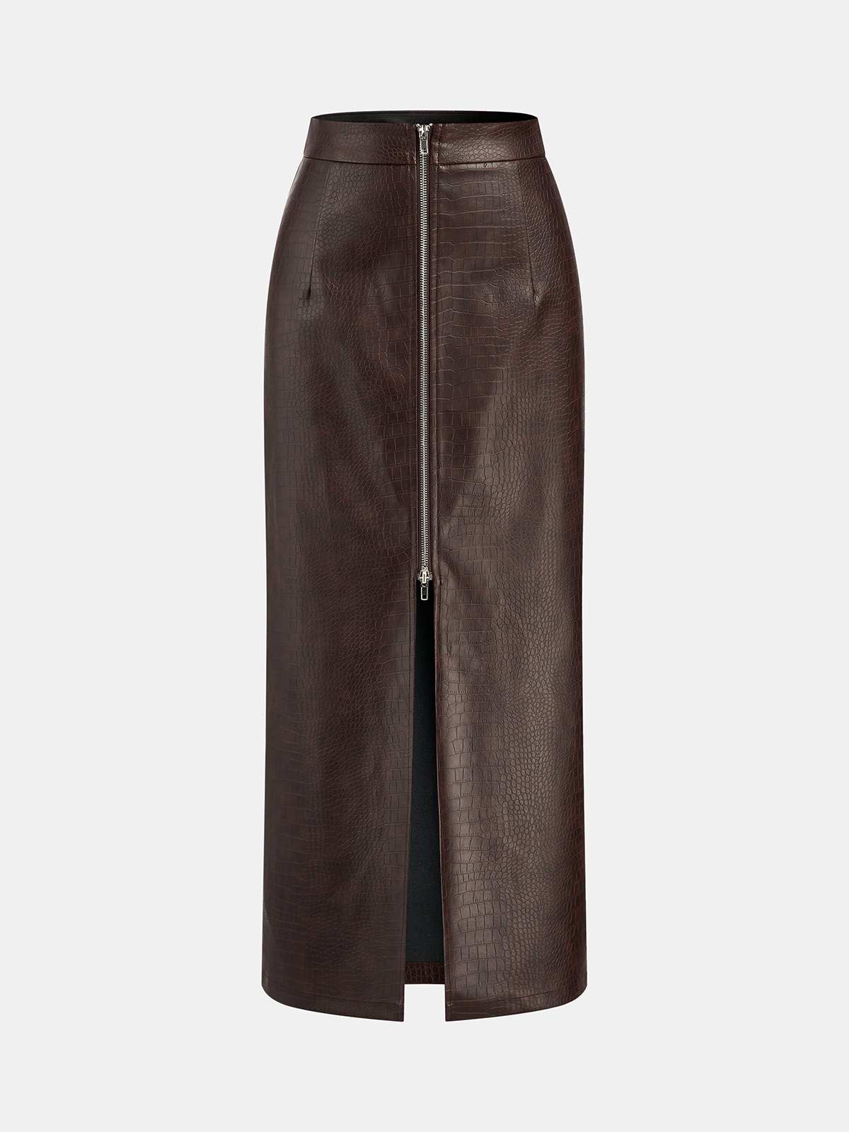 Crocodile Embossed Zipper Split Midi Skirt